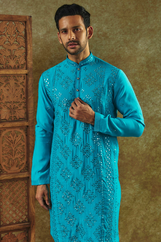 Cobalt Blue Printed Silk kurta pajama set with all over thread and mirror work