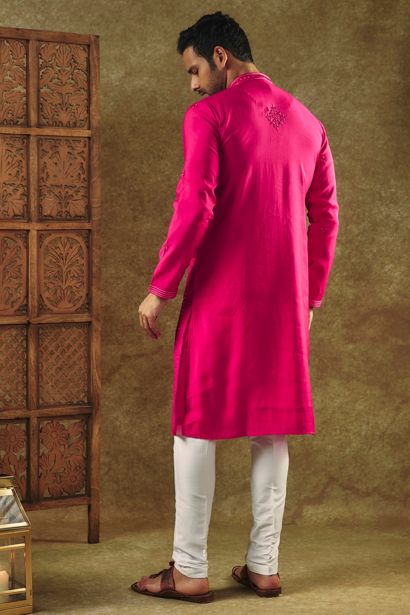 Bright Carnasion Pink Printed Silk kurta pajama set with all over thread and mirror work