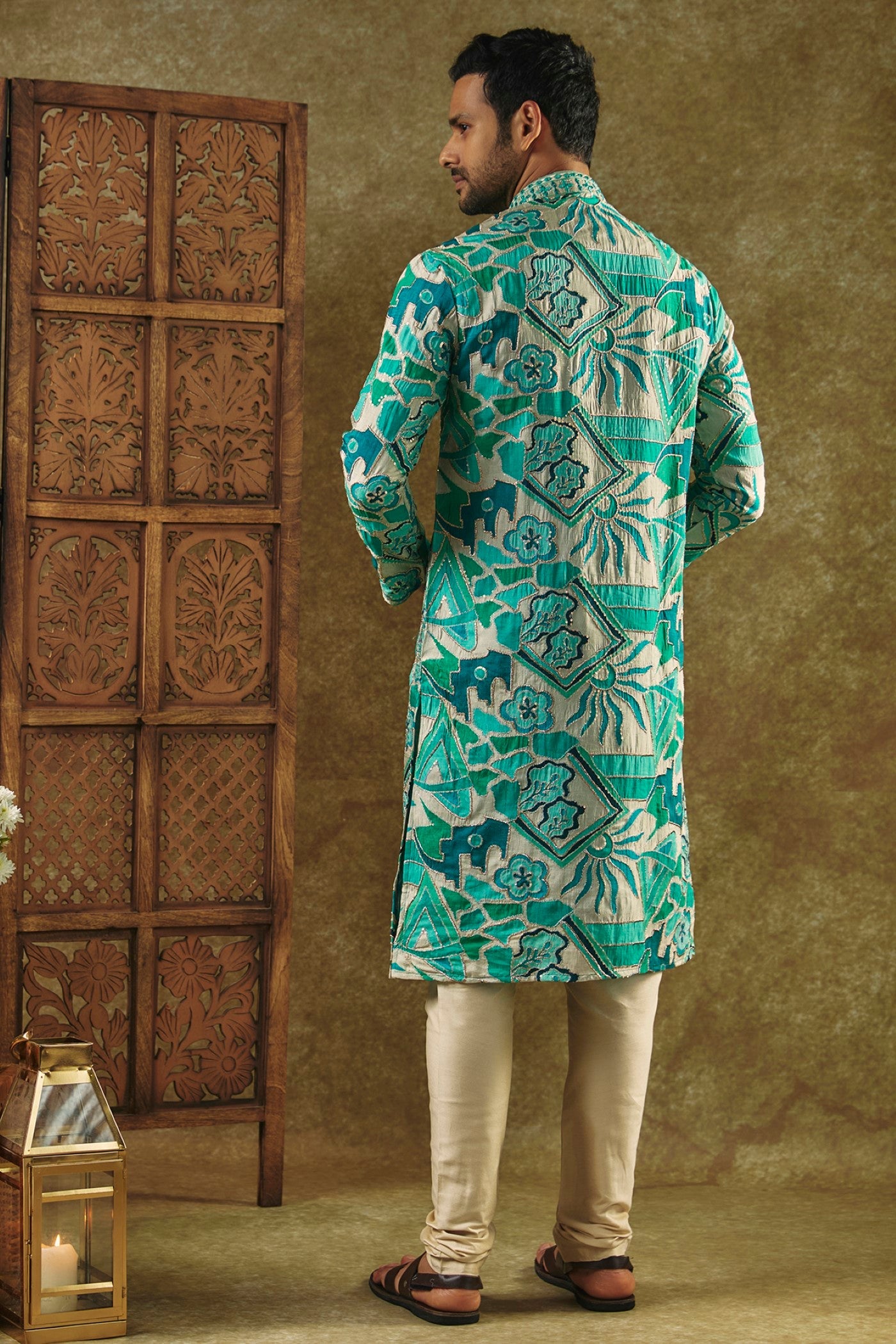 Tropical Green Printed Silk kurta pajama set with resham embroidered neck