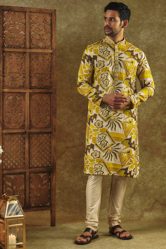 Mustard Yellow Printed Silk kurta pajama set with resham embroidered neck