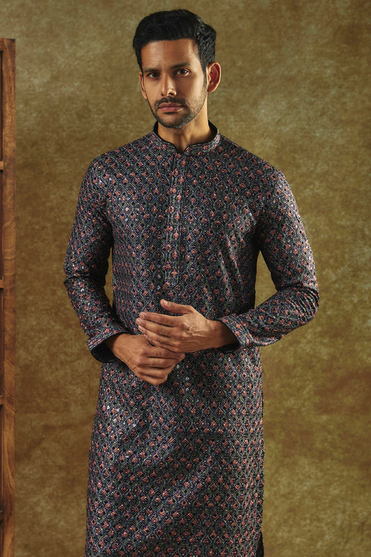 Jet Black Printed Silk kurta pajama set with all over thread and sequin work