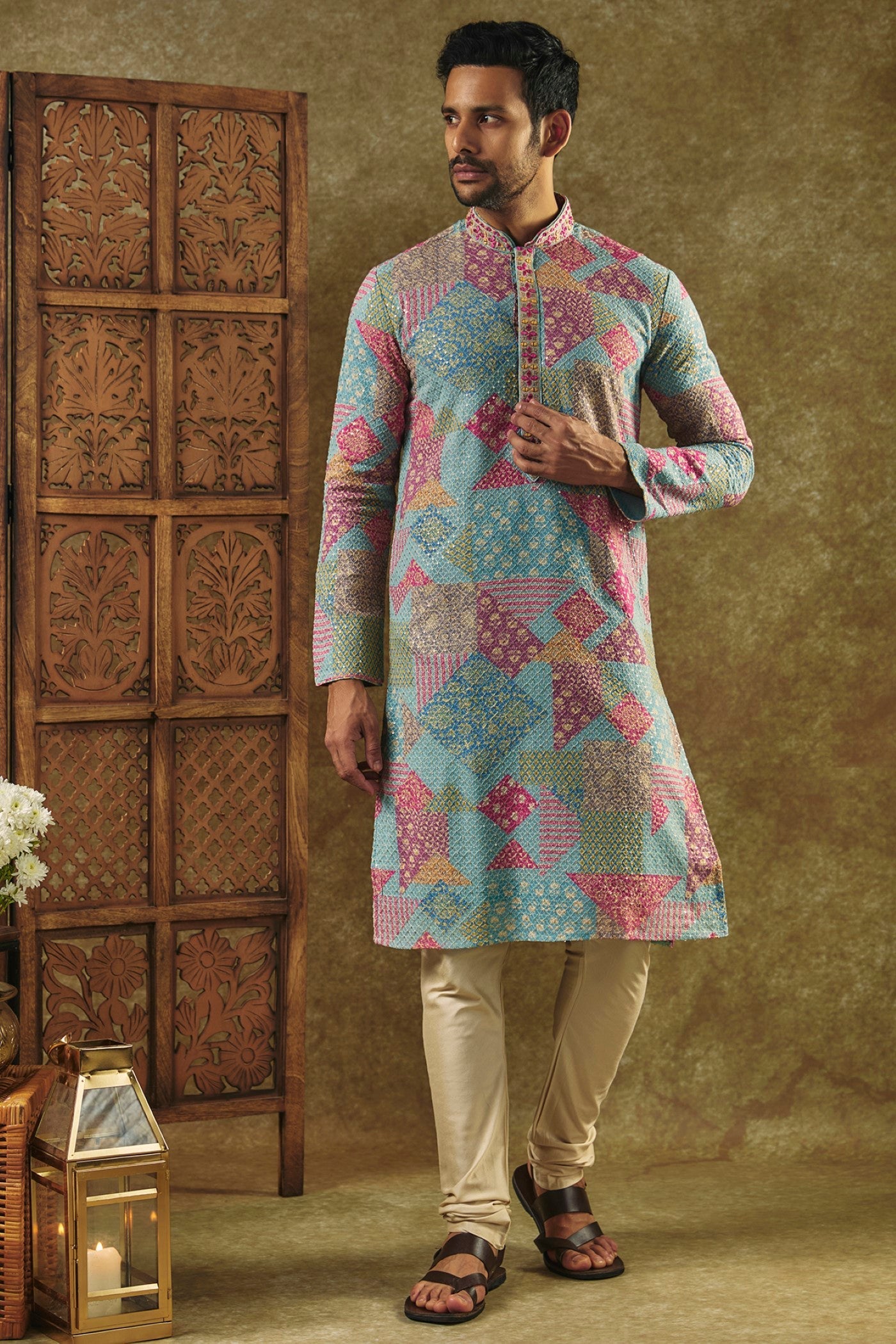 Multicolour Printed Silk kurta pajama set with resham embroidered neck