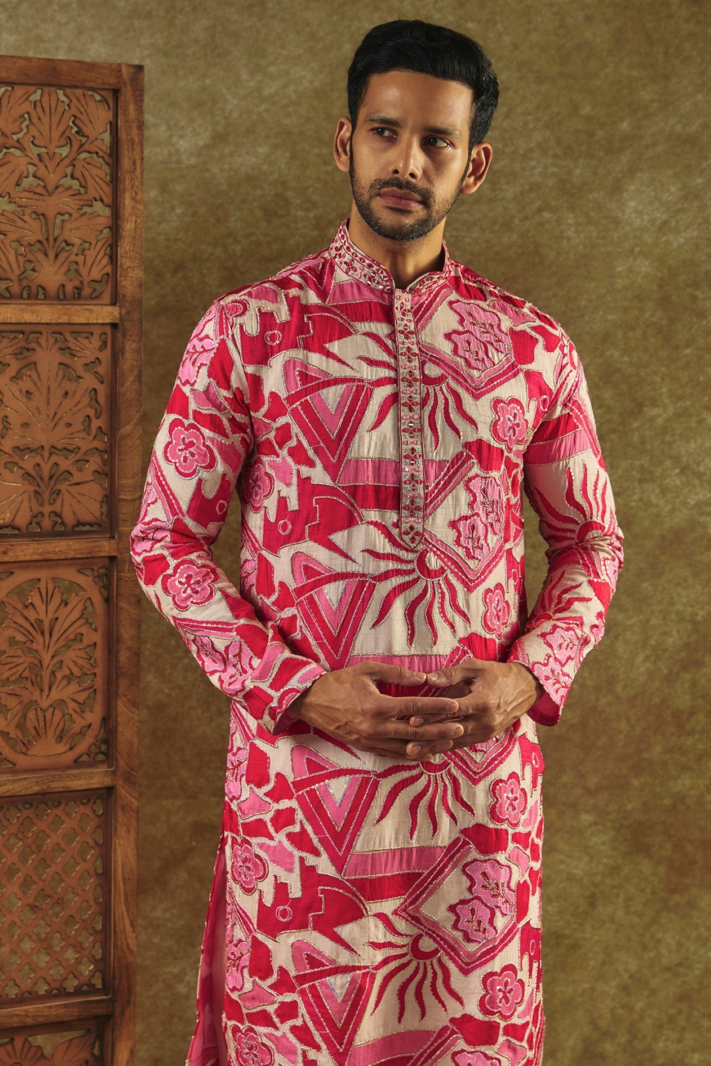 Rani Pink Printed Silk kurta pajama set with resham embroidered neck