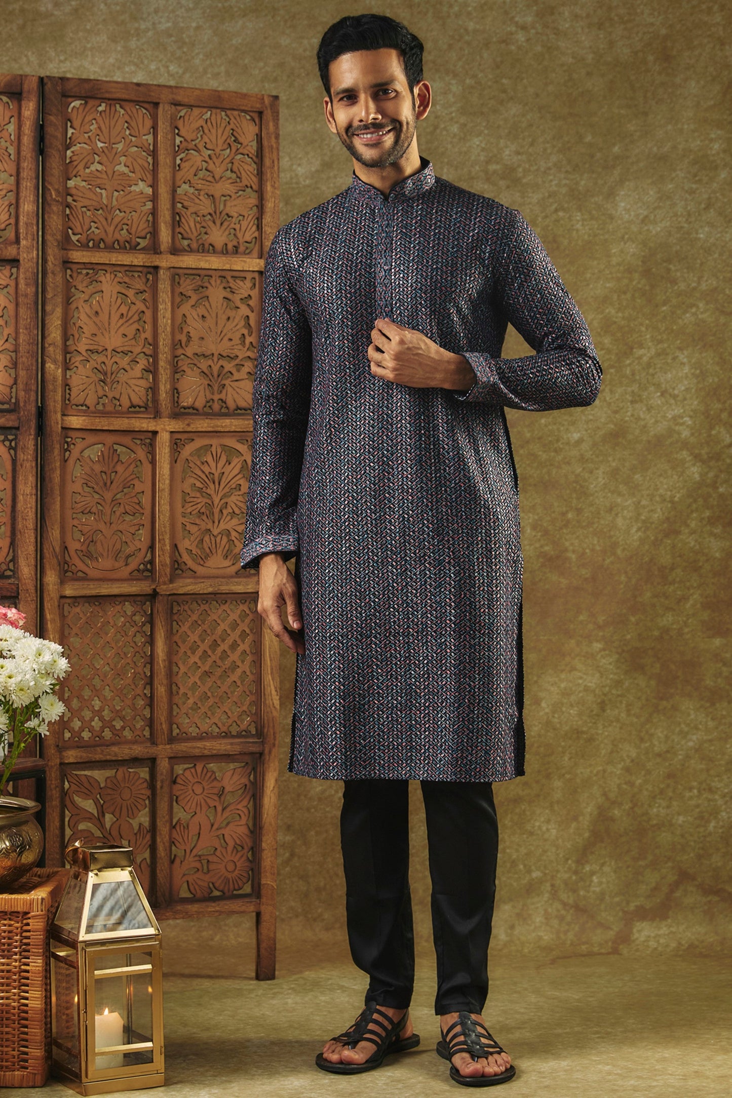 Onyx Black Printed Silk kurta pajama set with all over thread and sequin work