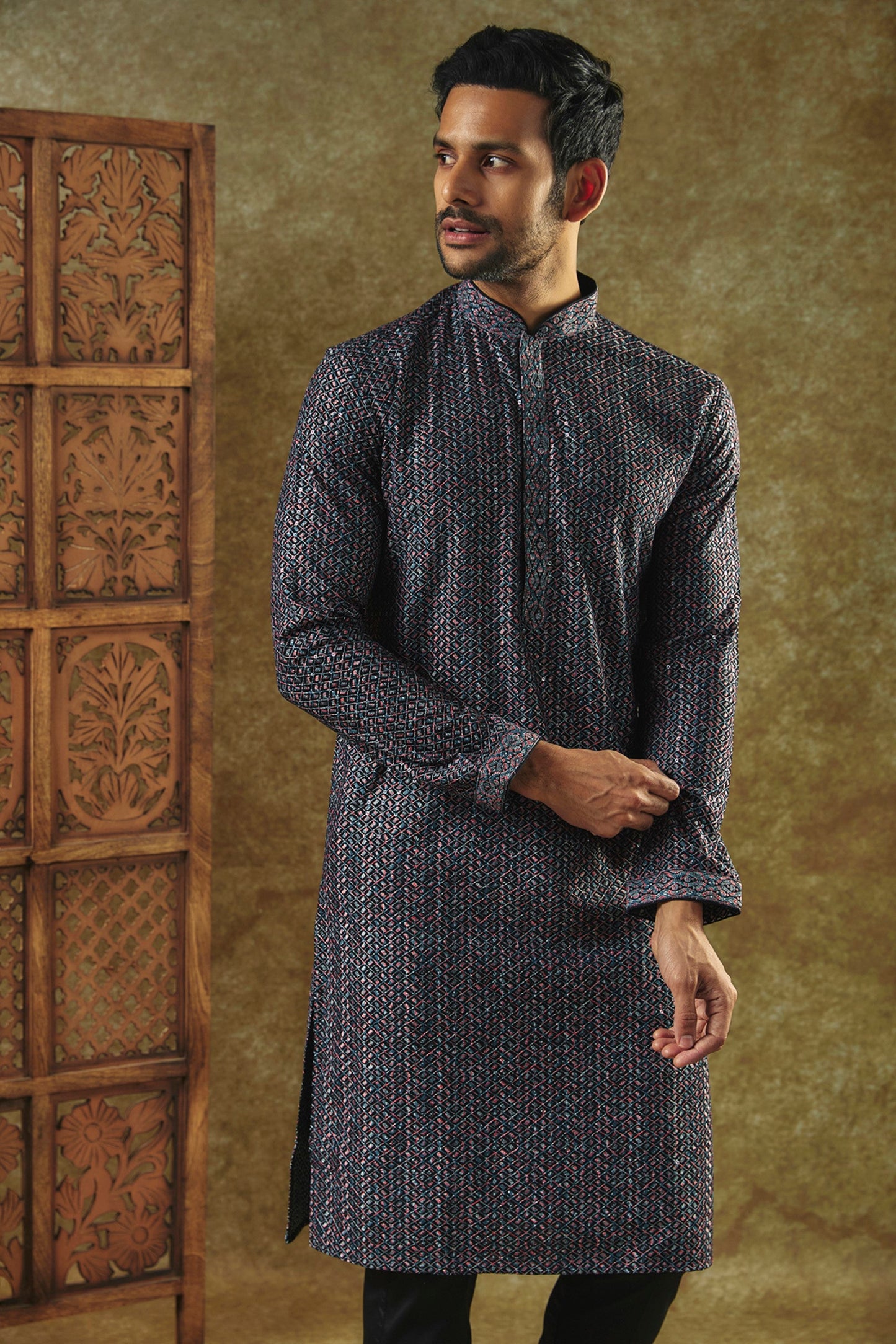 Onyx Black Printed Silk kurta pajama set with all over thread and sequin work