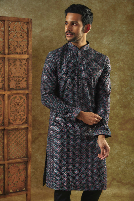 Onyx Black Printed Silk kurta pajama set with all over thread and sequin work