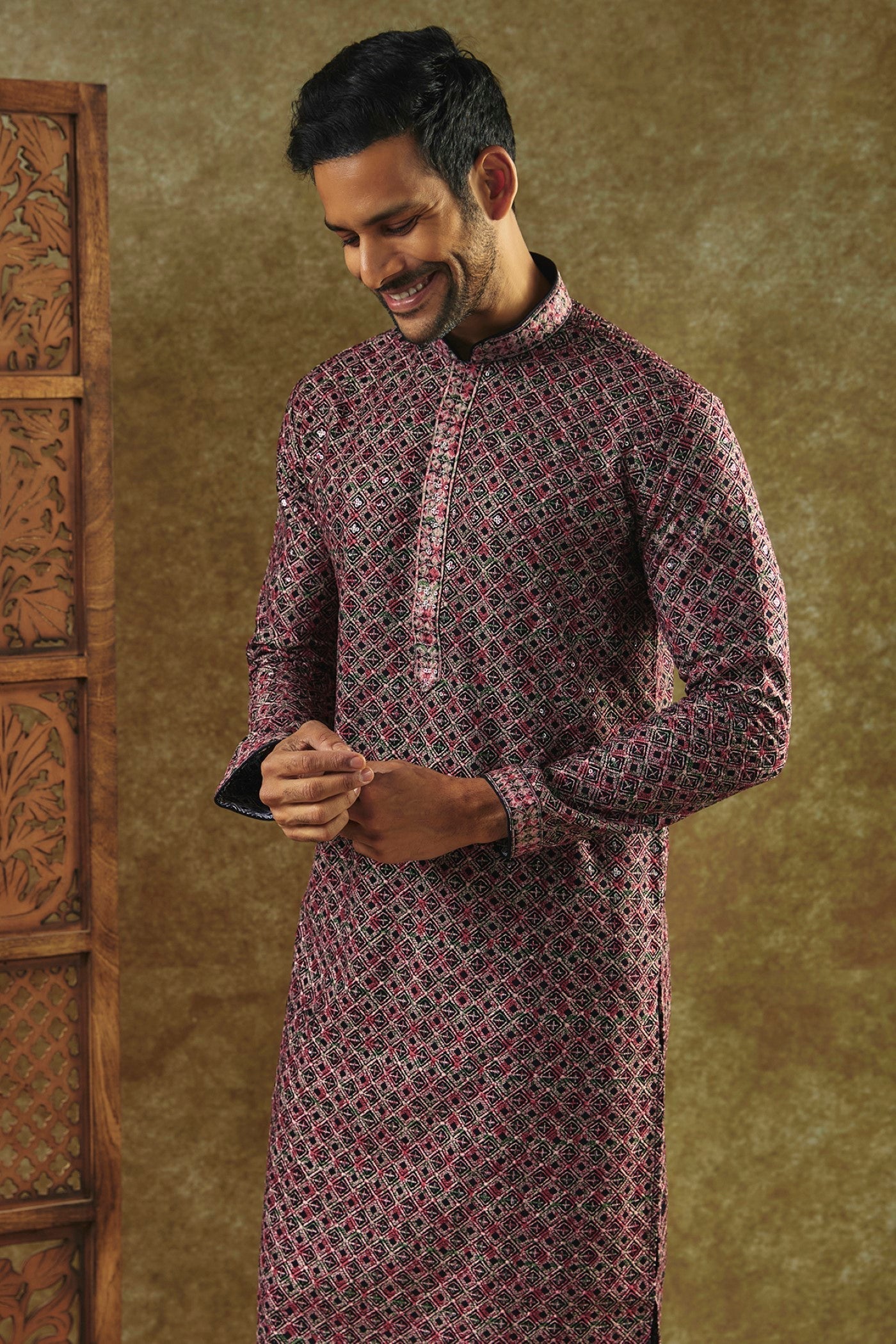 Eggplant Purple Printed Silk kurta pajama set with all over thread and sequin work