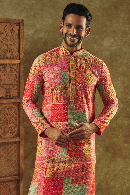 Multicolor Printed Silk kurta pajama set with resham embroidered neck