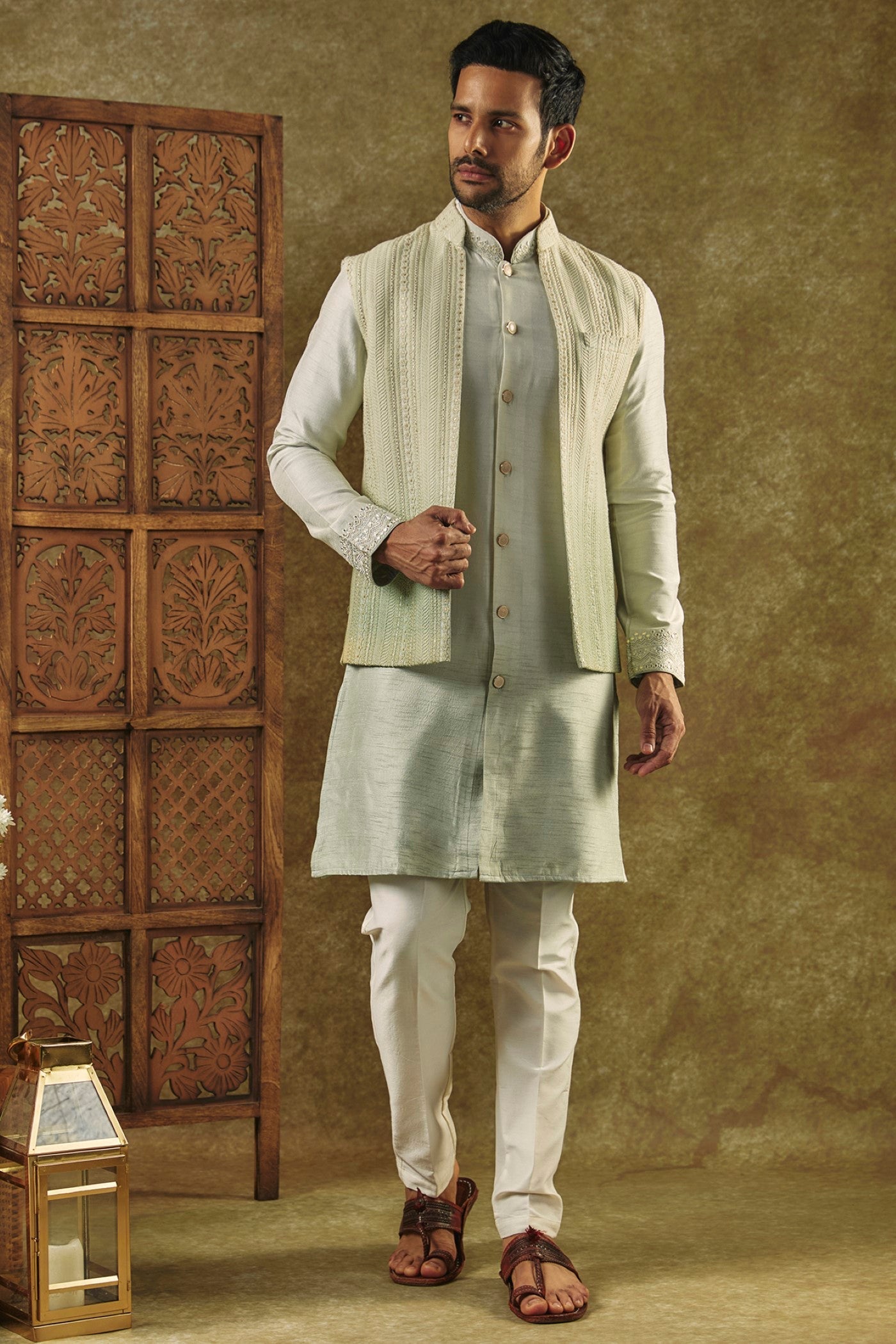 Pista Green Ombre Open-Indo Western set with sequin and resham embroidery