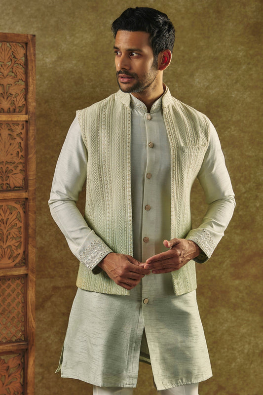 Pista Green Ombre Open-Indo Western set with sequin and resham embroidery