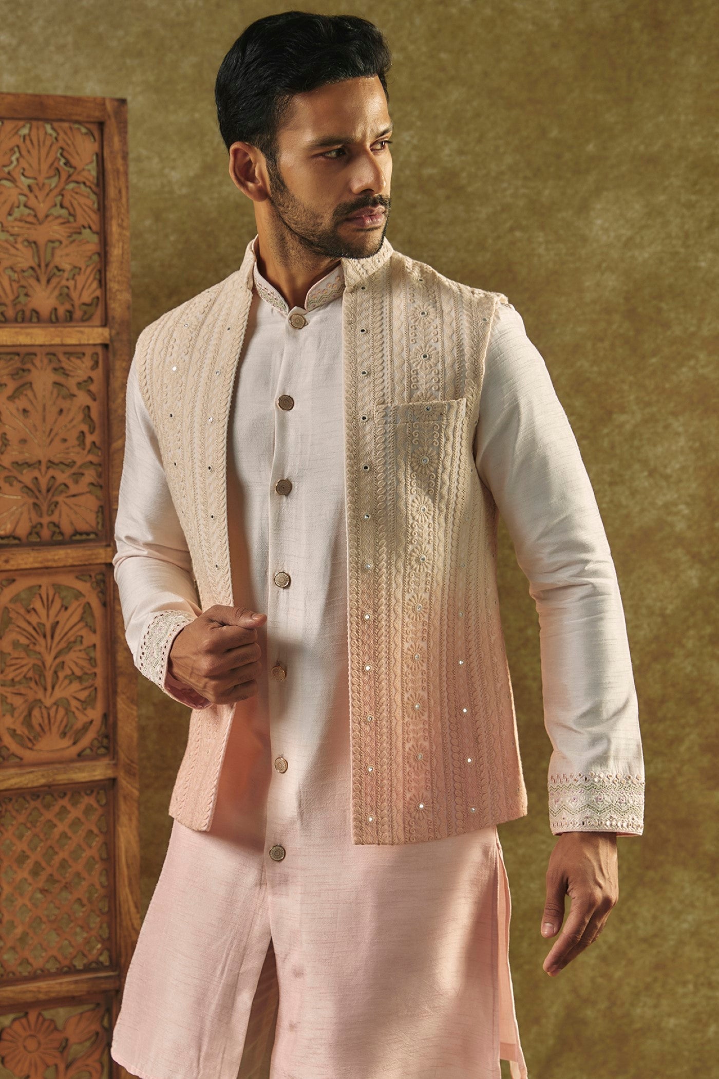 Pastel Pink Ombre Open-Indo Western set with sequin and resham embroidery