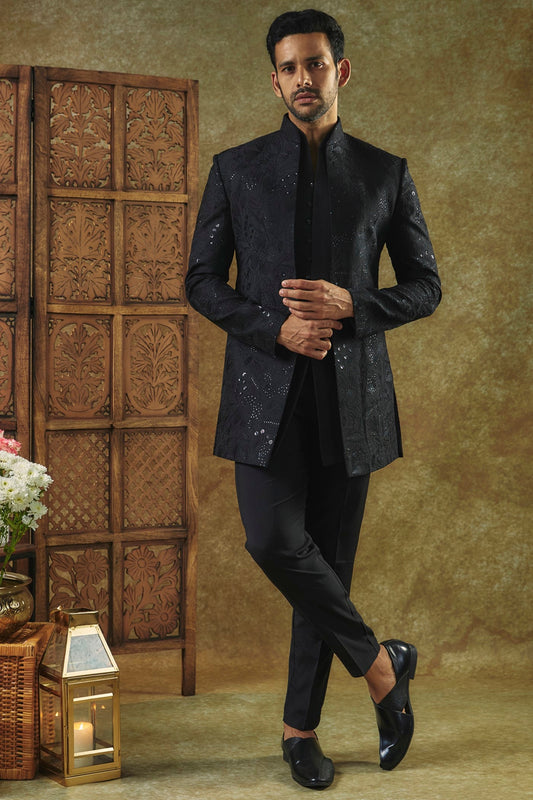 Jet Black Open-Indo Western set with sequin and resham embroidery