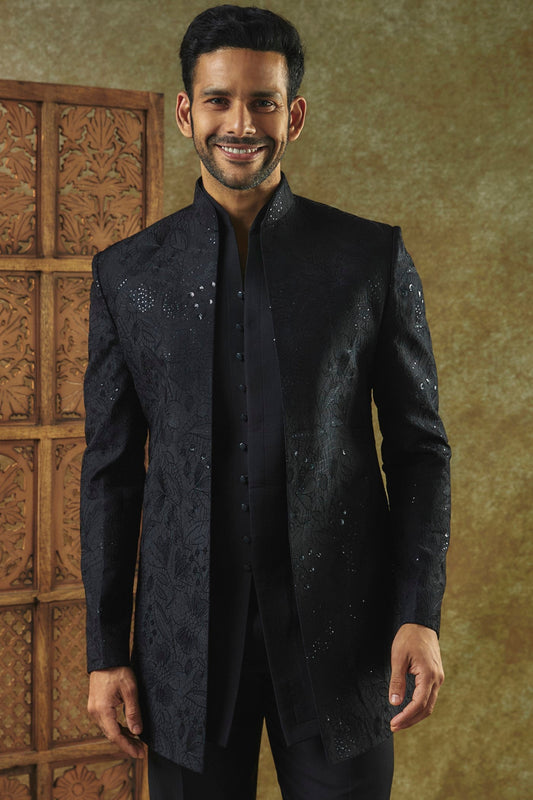 Jet Black Open-Indo Western set with sequin and resham embroidery