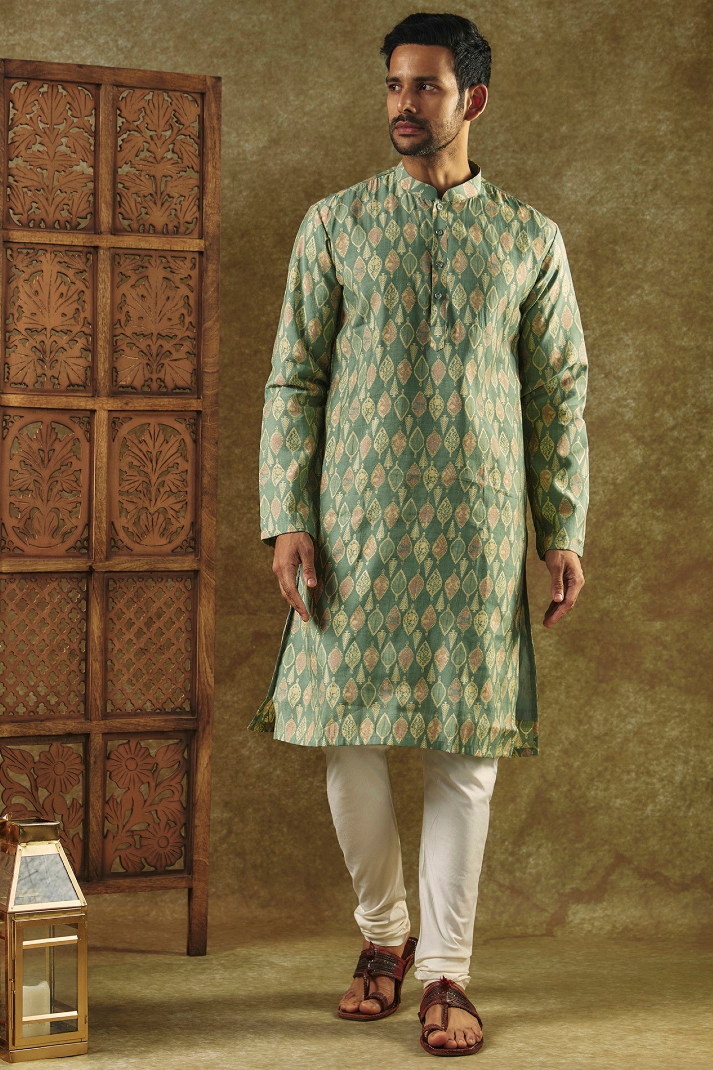 Pista Green Printed Silk kurta pajama set