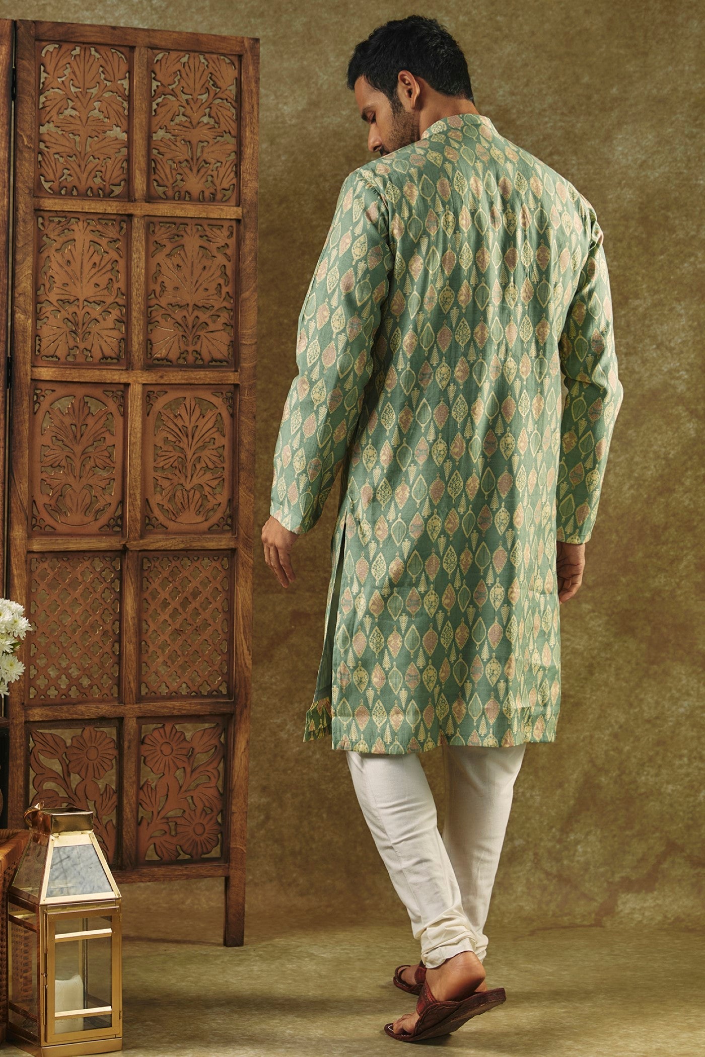 Pista Green Printed Silk kurta pajama set