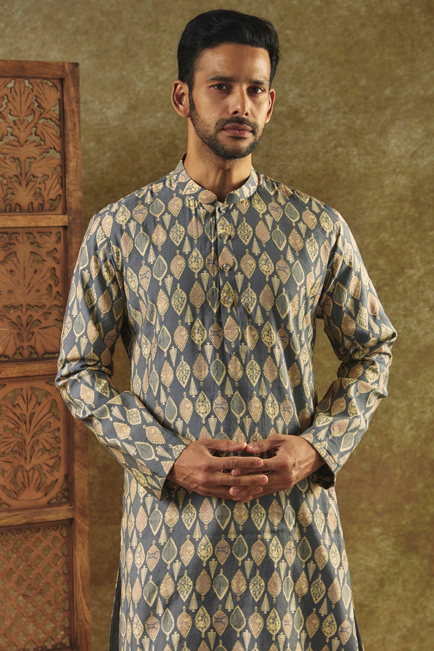 Slate Grey Printed Silk kurta pajama set