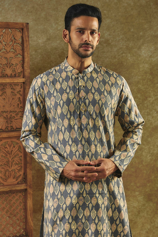 Slate Grey Printed Silk kurta pajama set