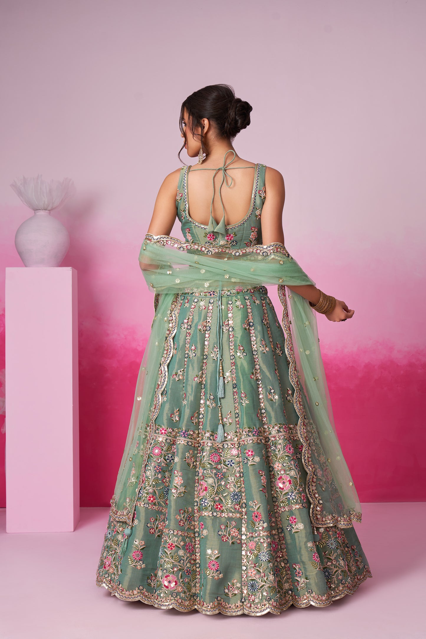 Sea green Bridal Net Moti, Sequins embroidery Bridal Lehenga choli & Dupatta