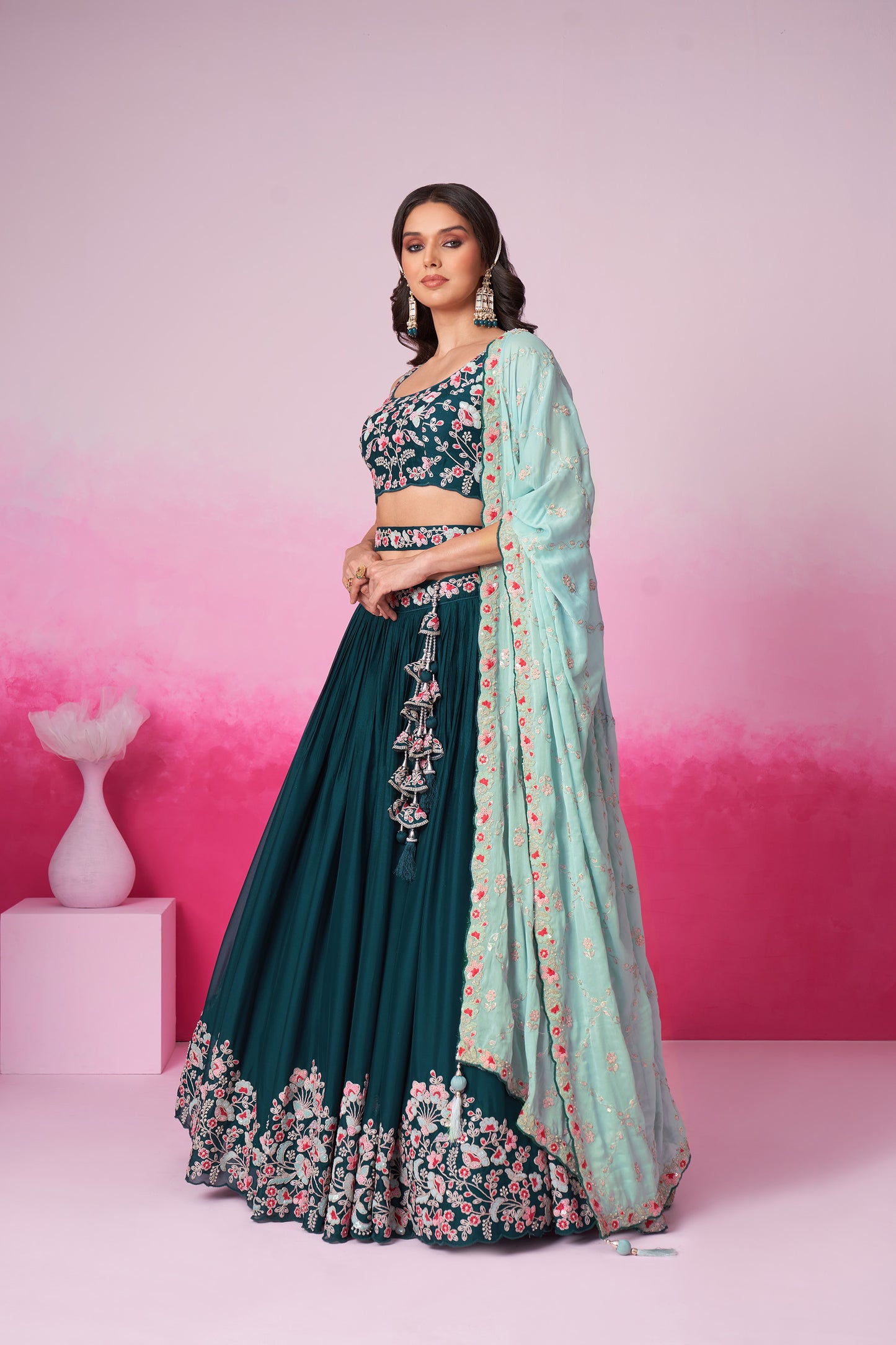 Teal Pure Georgette Sequin embroidery Lehenga choli