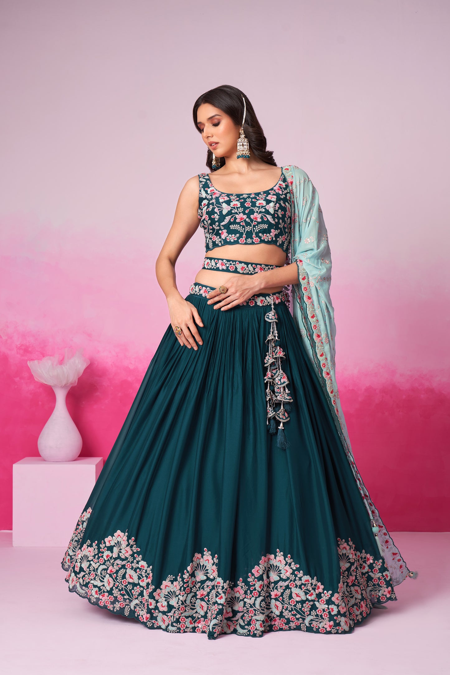 Teal Pure Georgette Sequin embroidery Lehenga choli