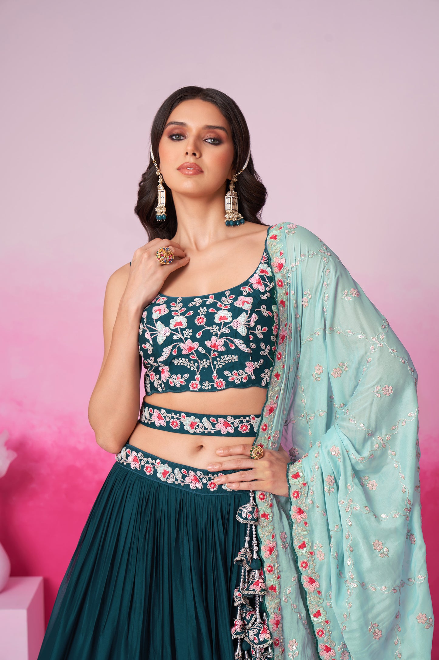 Teal Pure Georgette Sequin embroidery Lehenga choli