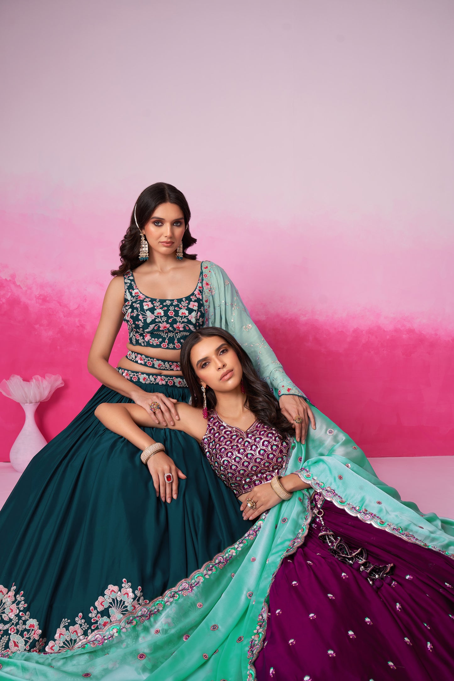 Teal Pure Georgette Sequin embroidery Lehenga choli