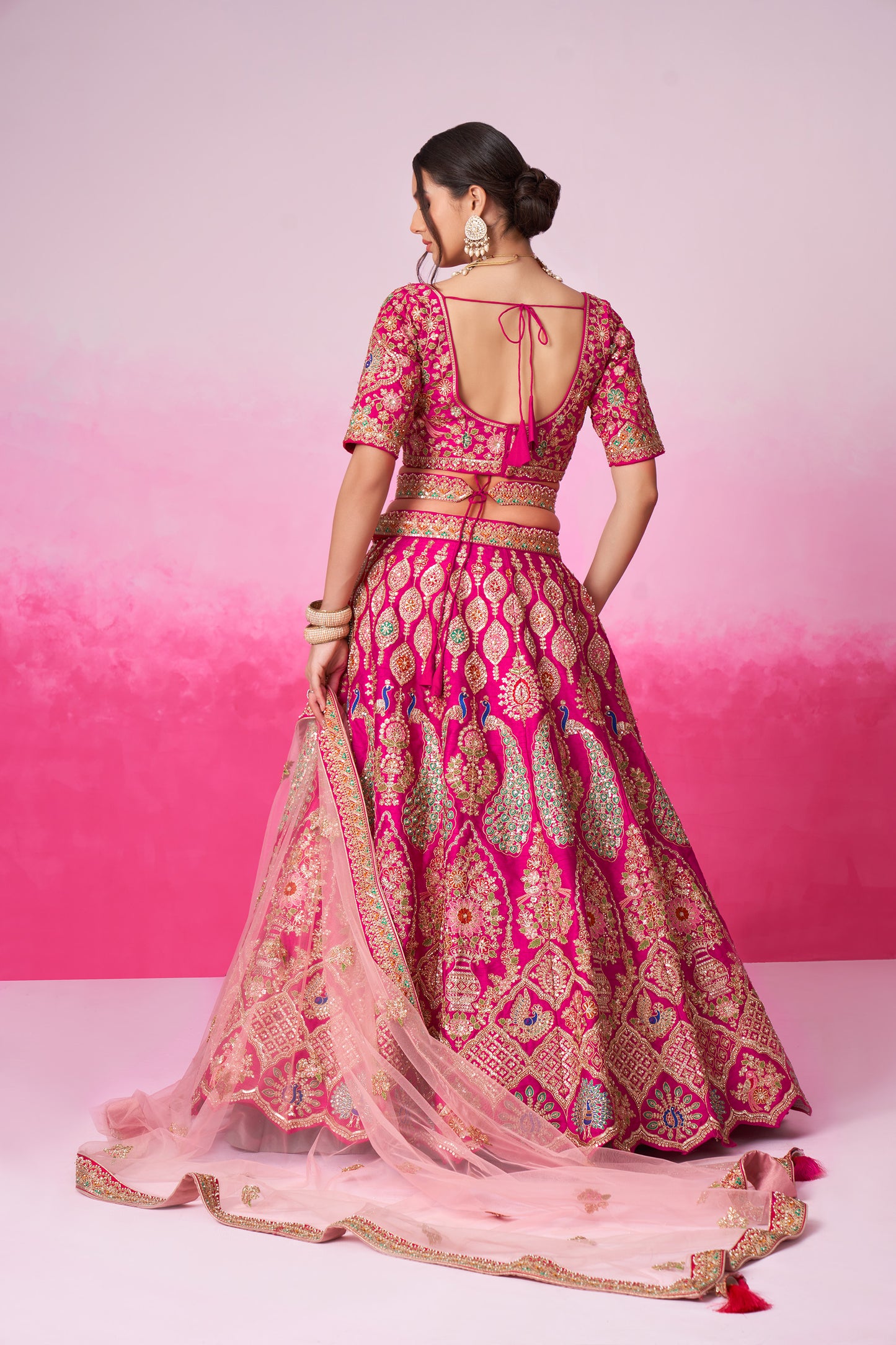 Pink Pure silk Moti, Sequins embroidery Bridal Lehenga choli