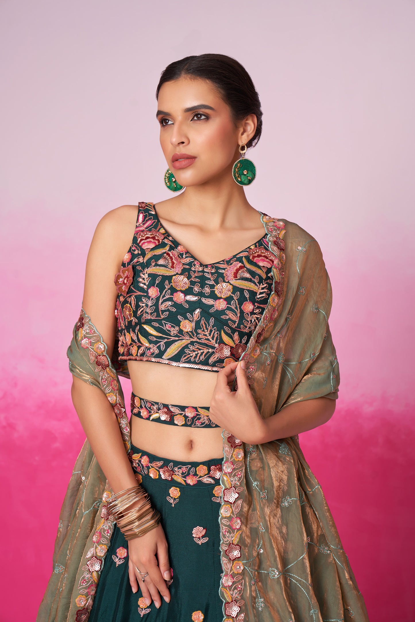 Green colour Chiffon Sequins embroidery Lehenga choli & Dupatta