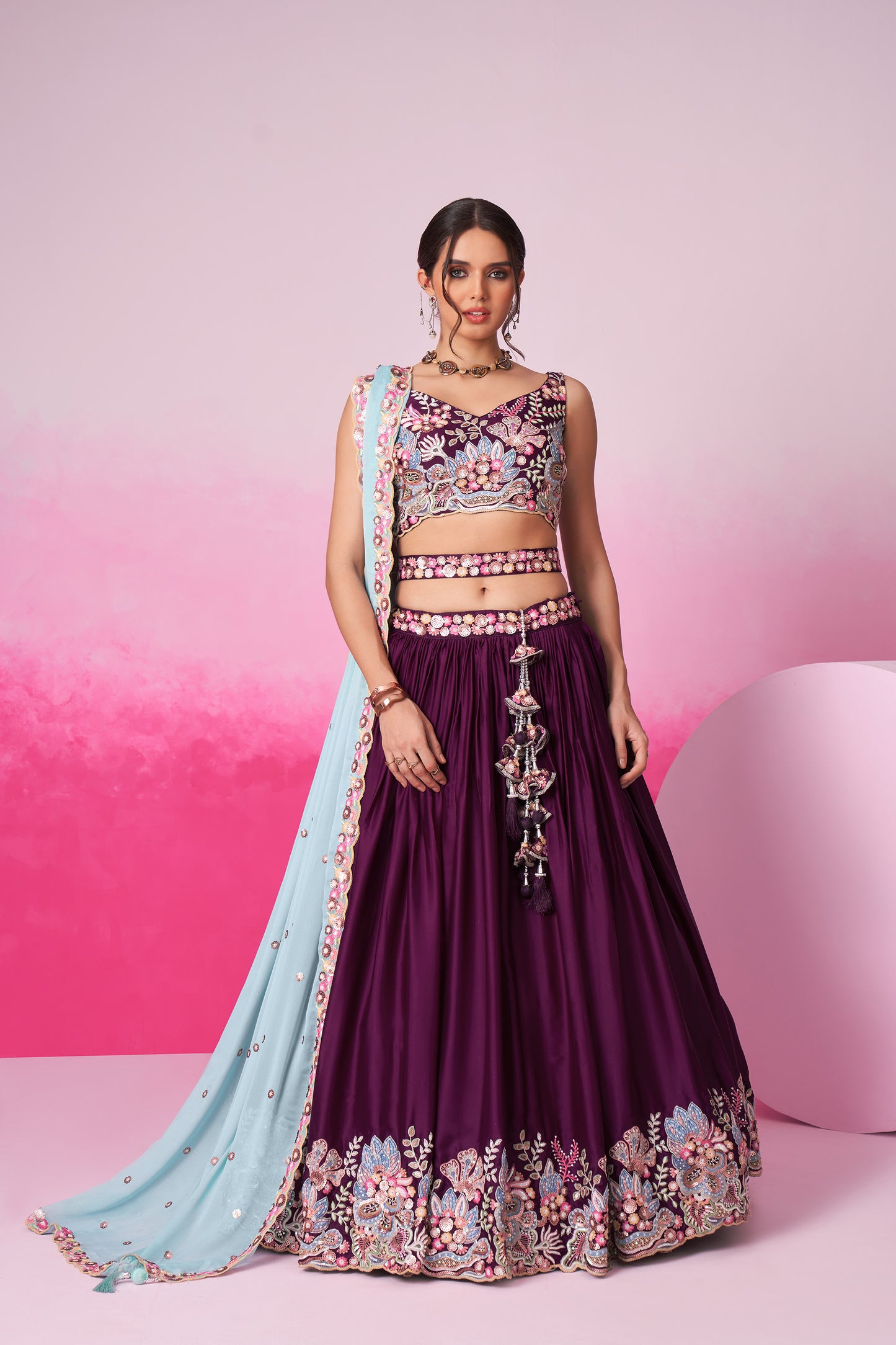 Burgundy Satin Silk Sequin embroidery Lehenga choli