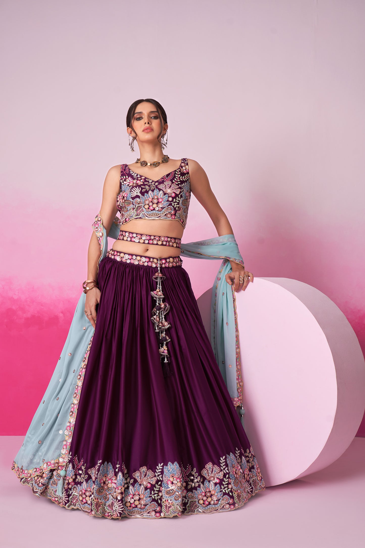 Burgundy Satin Silk Sequin embroidery Lehenga choli
