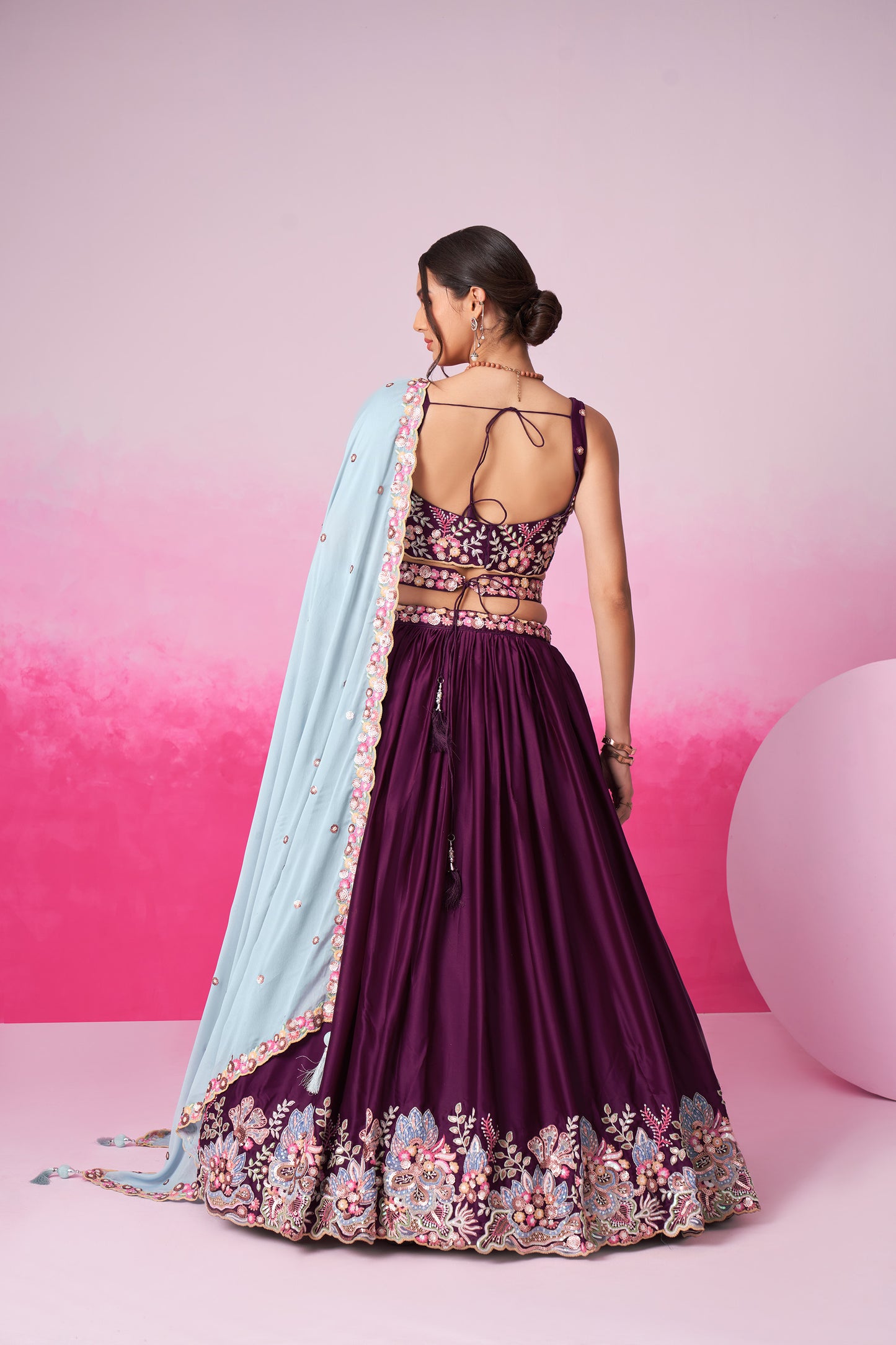 Burgundy Satin Silk Sequin embroidery Lehenga choli