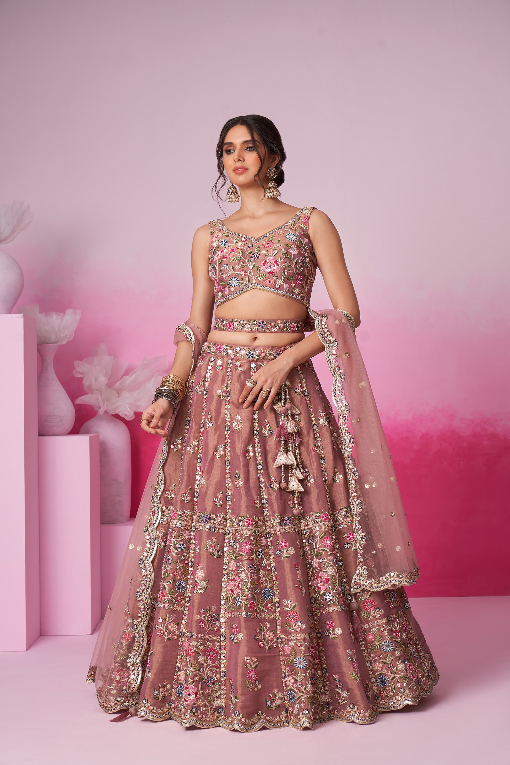 Rose gold Bridal Net Moti, Sequins embroidery Bridal Lehenga choli Dupatta XS
