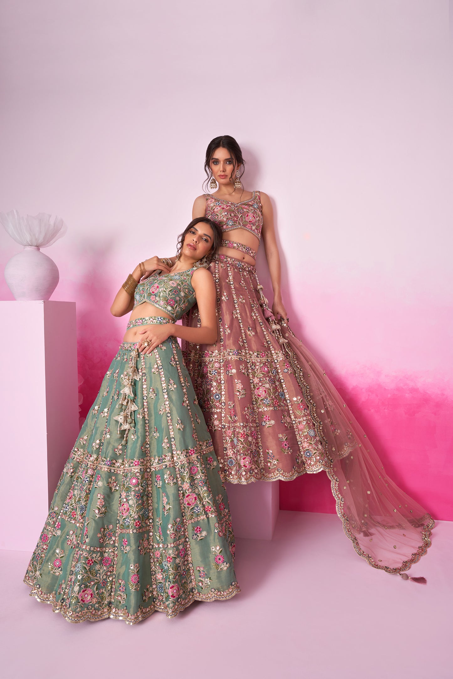 Sea green Bridal Net Moti, Sequins embroidery Bridal Lehenga choli & Dupatta