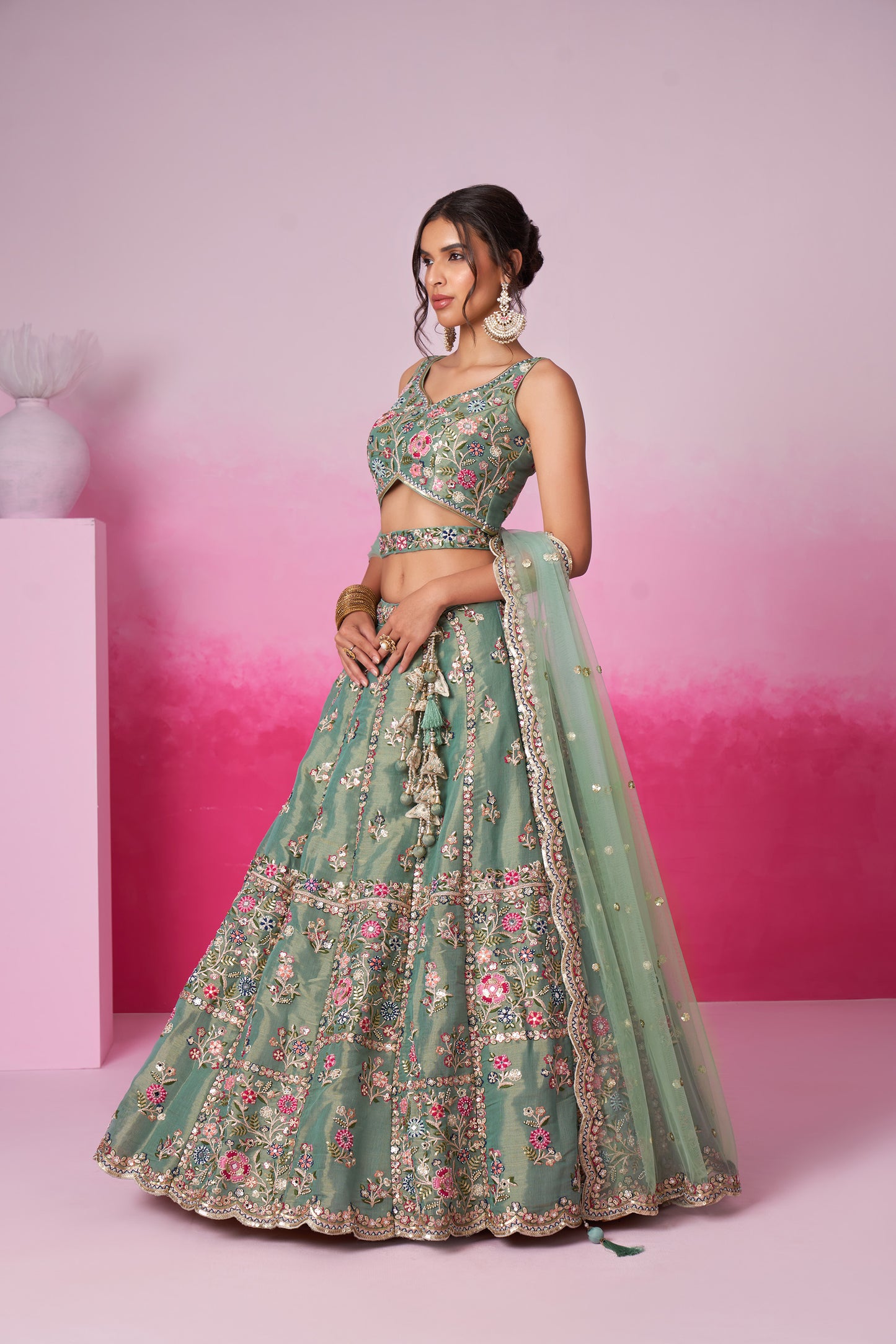 Sea green Bridal Net Moti, Sequins embroidery Bridal Lehenga choli & Dupatta