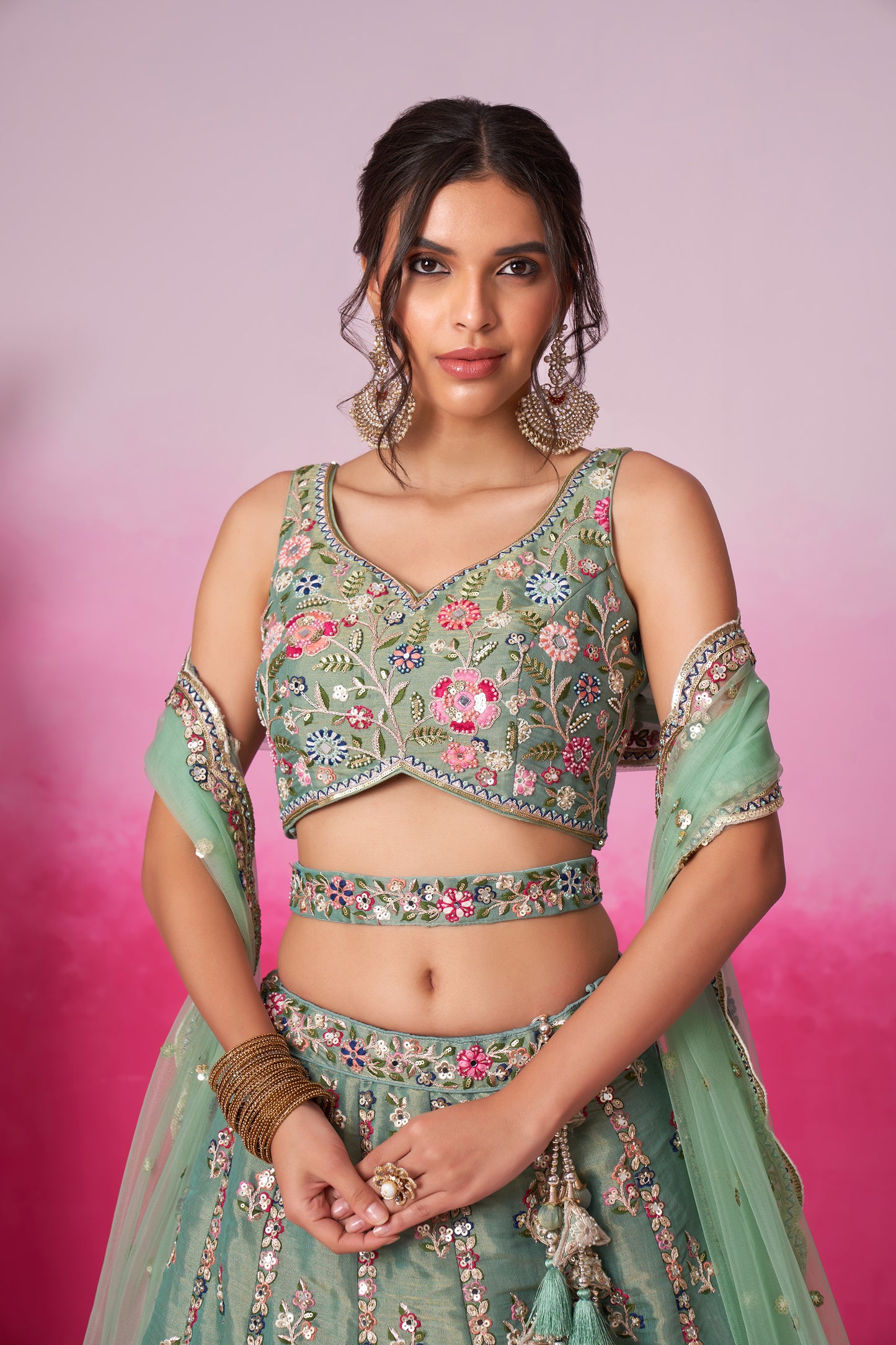 Sea green Bridal Net Moti, Sequins embroidery Bridal Lehenga choli & Dupatta