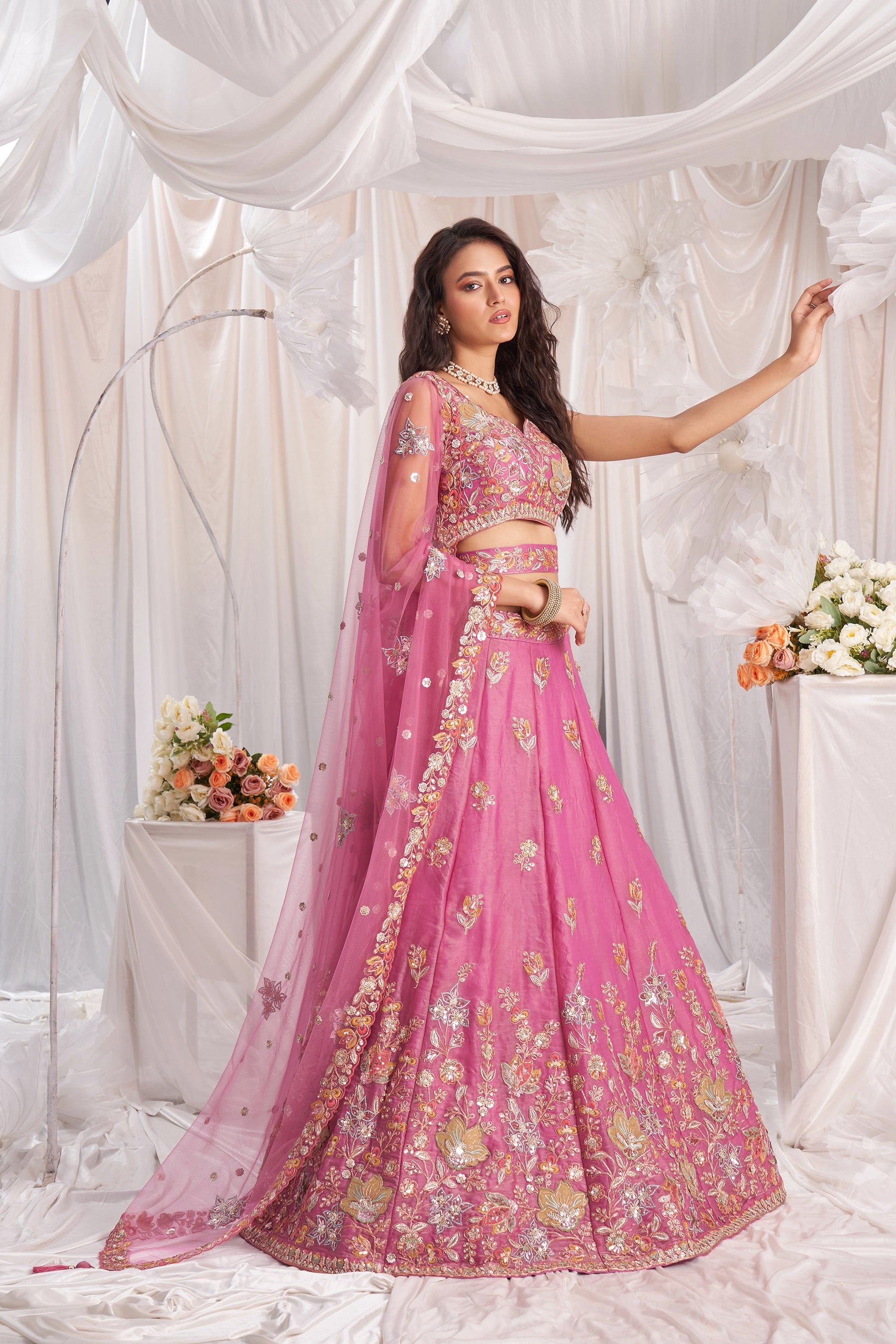 Pink Organza Sequins embroidery Engagement Lehenga Choli Mohi fashion Pink Organza Sequins embroidery Engagement Lehenga Choli Mohi fashion