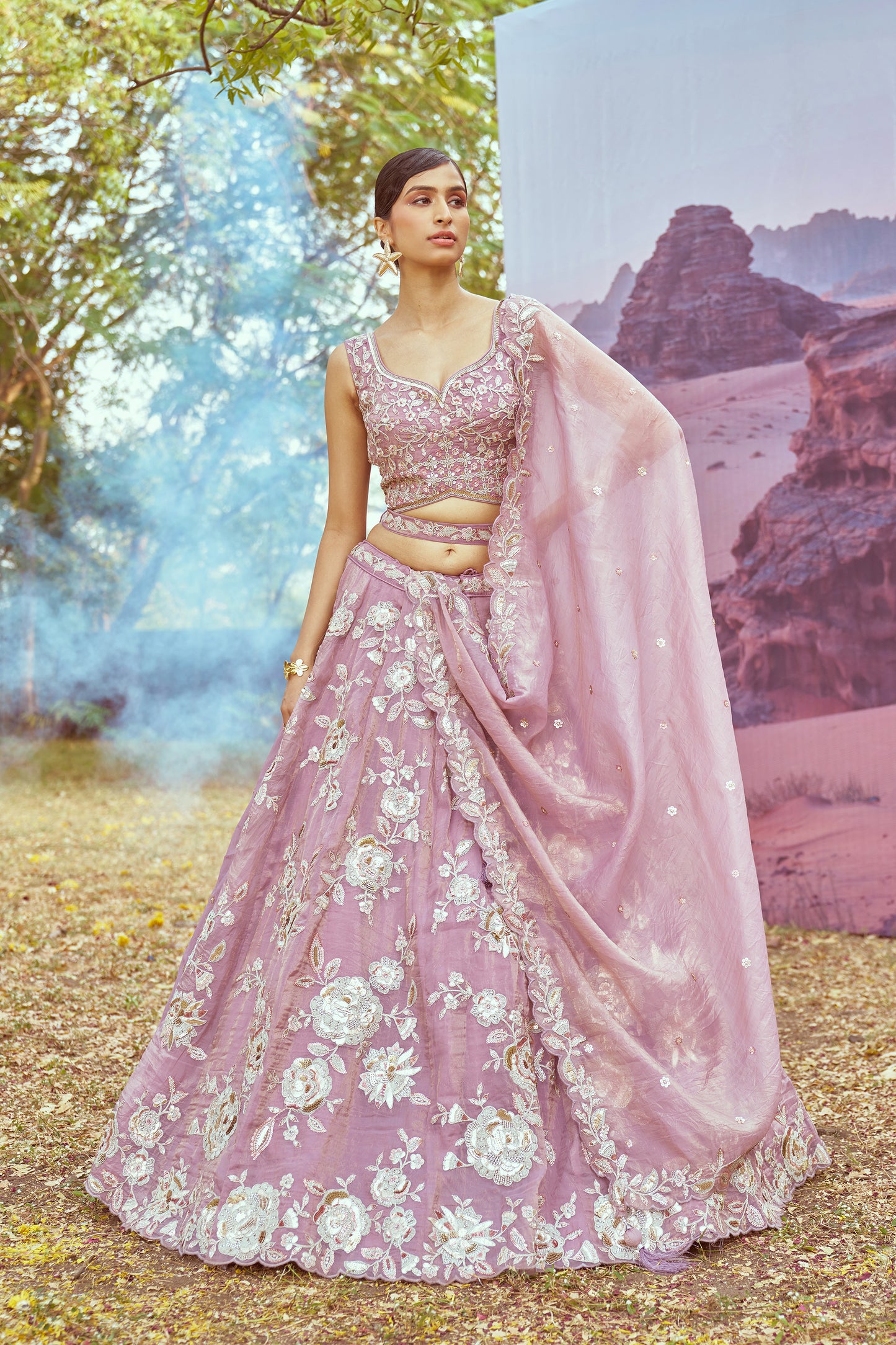 Lavender Organza Sequins embroidery Bridal Lehenga