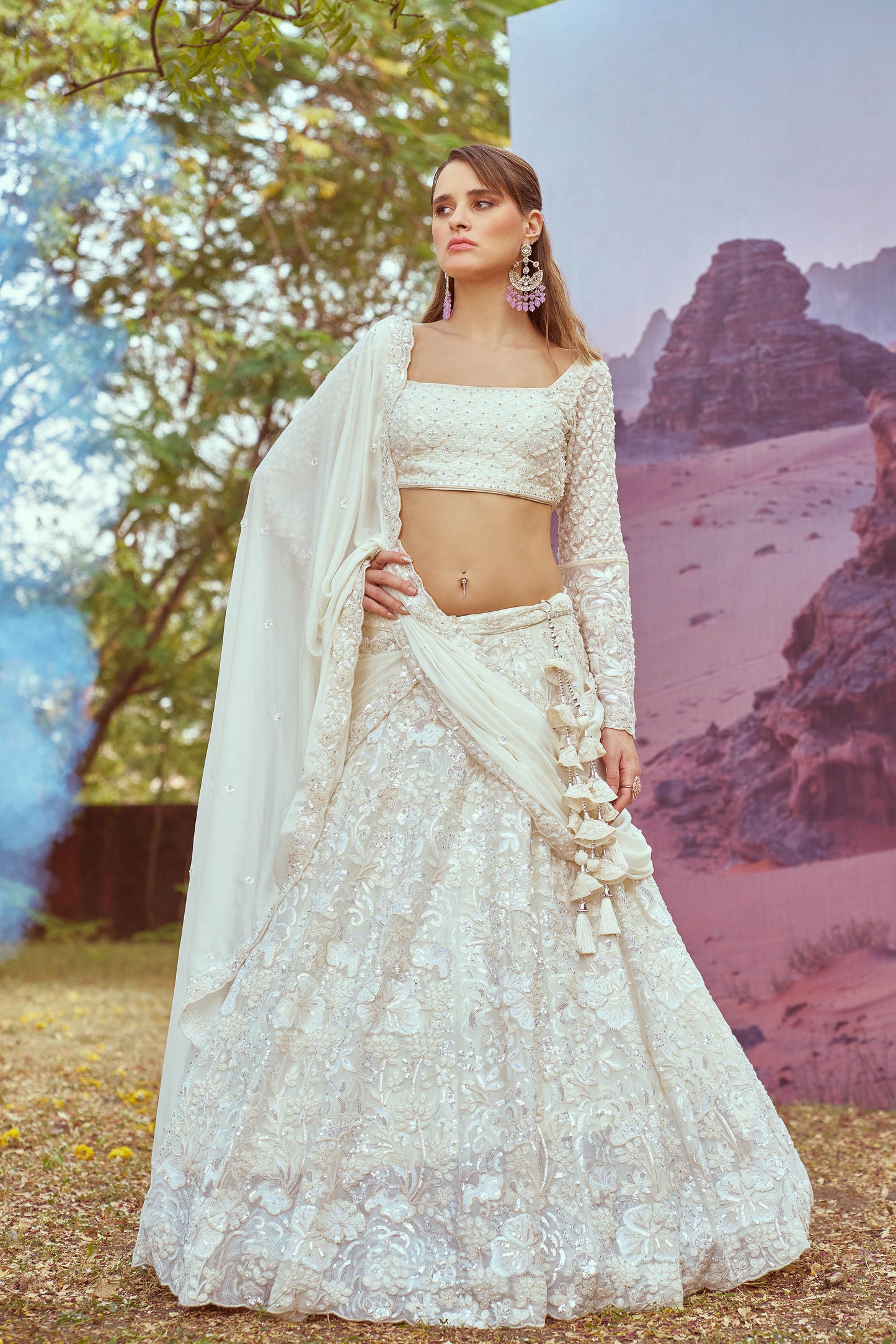 Cream Georgette Beads embroidery Lehenga choli & Dupatta