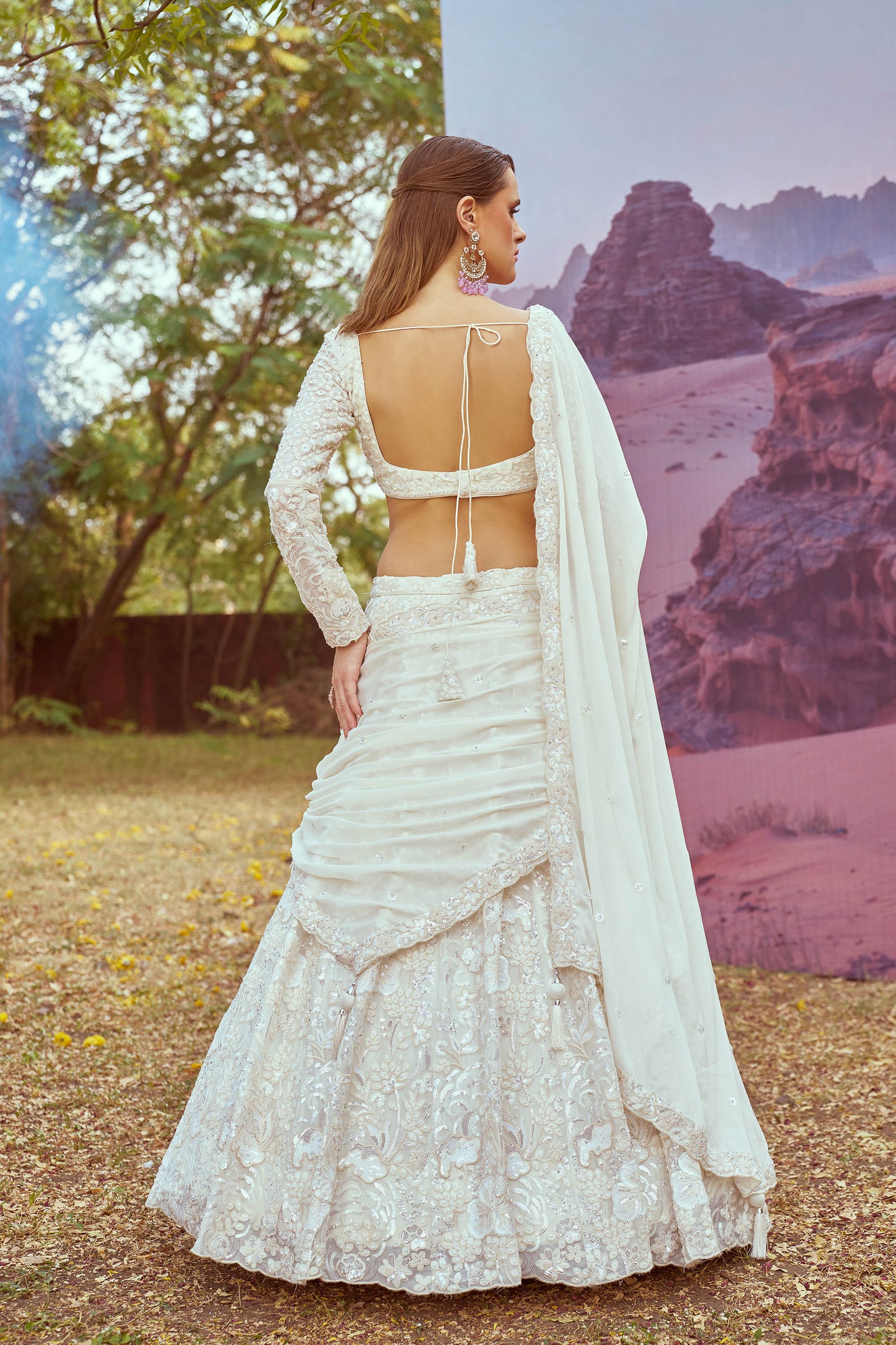 Cream Georgette Beads embroidery Lehenga choli & Dupatta