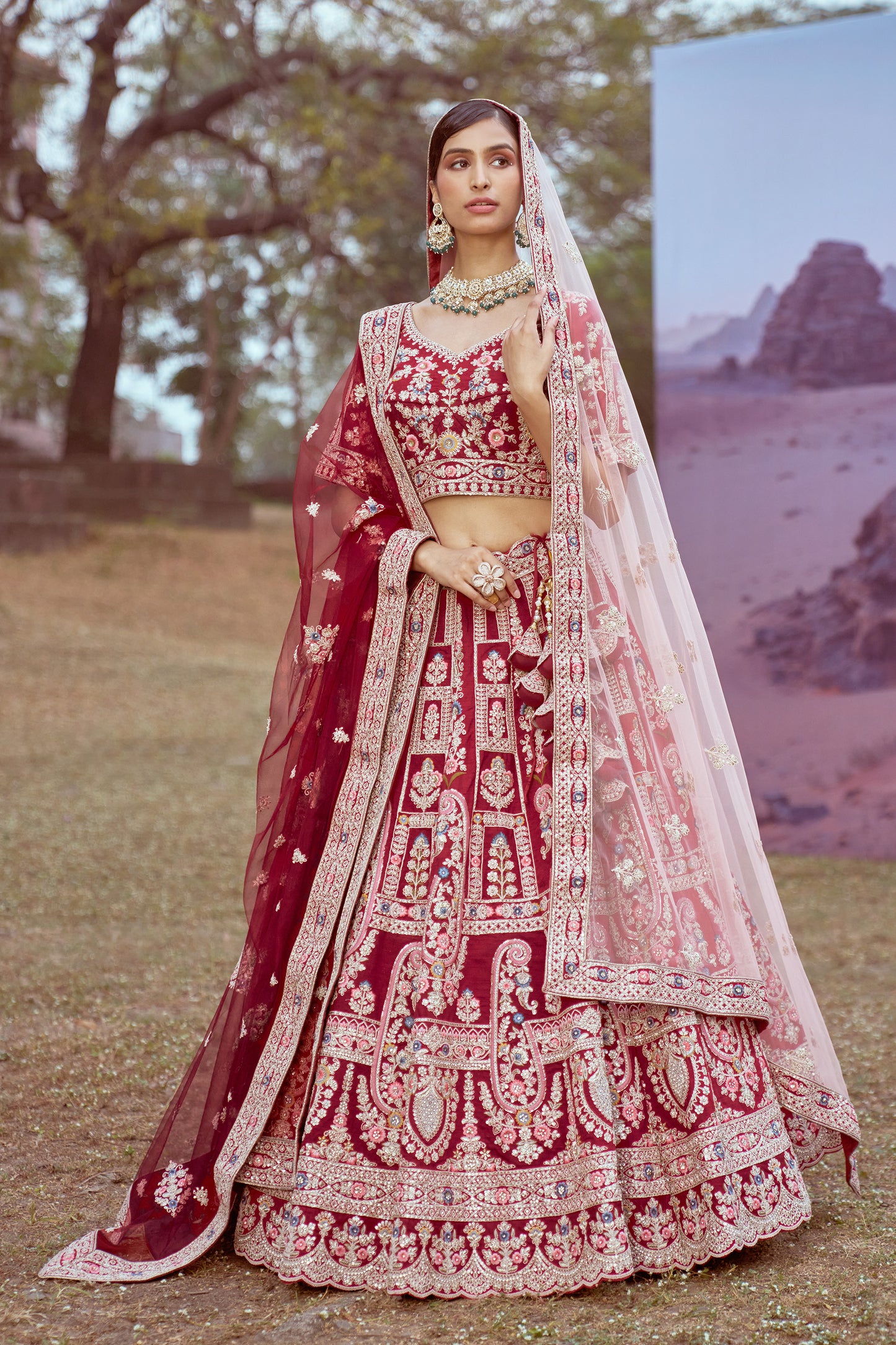 Maroon Pure silk Moti, Sequins embroidery Bridal Lehenga