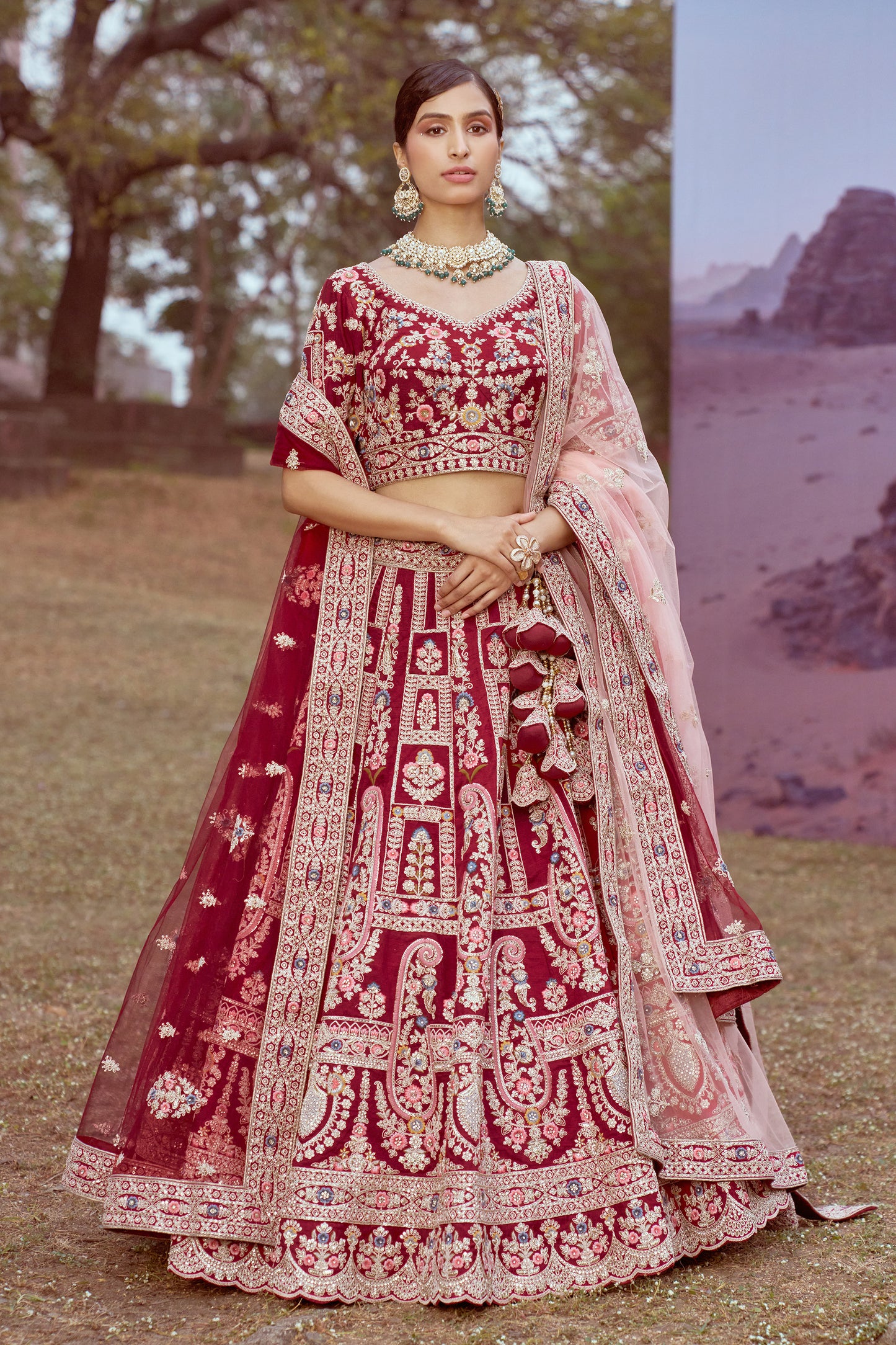 Maroon Pure silk Moti, Sequins embroidery Bridal Lehenga