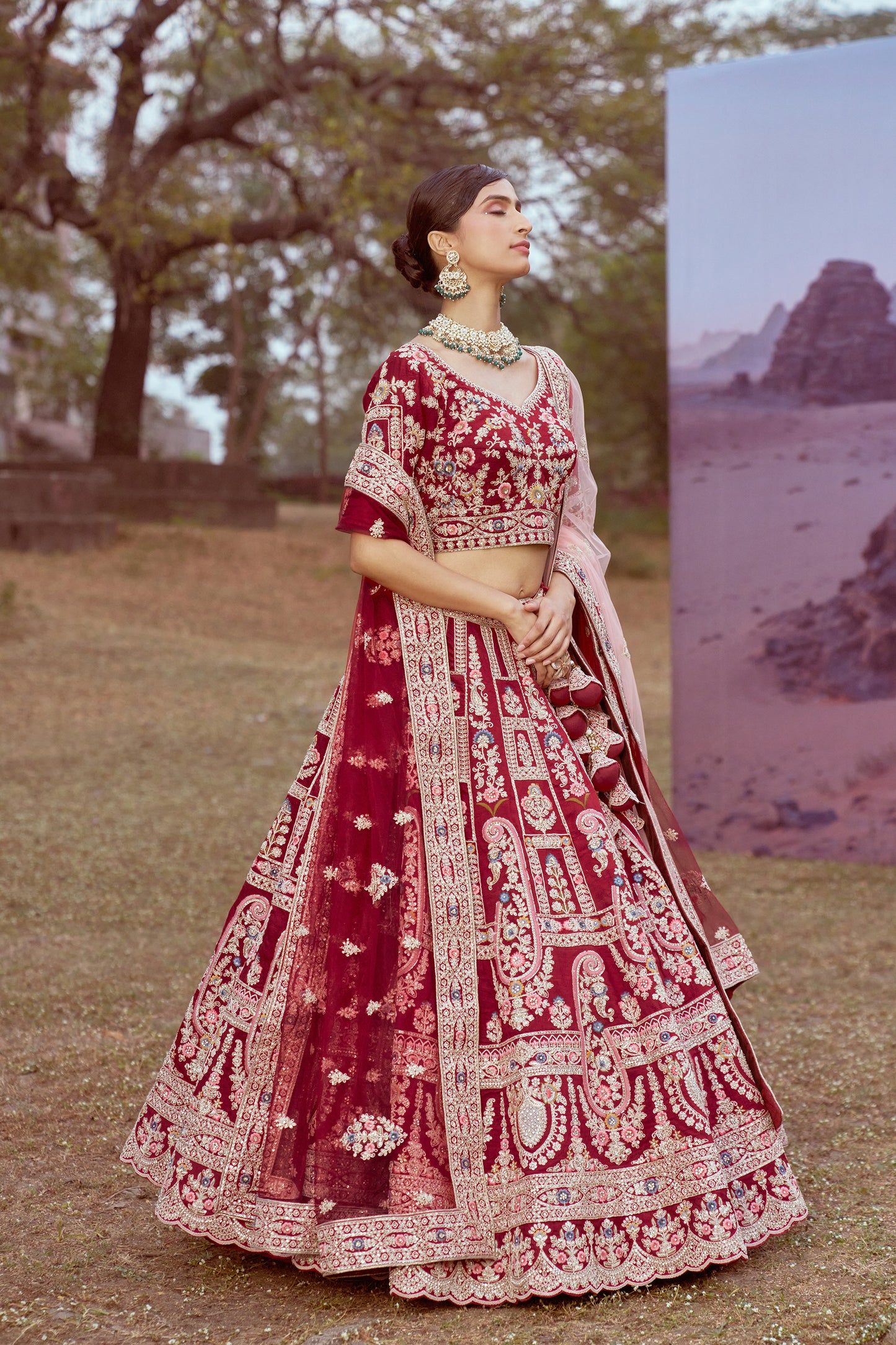 Maroon Pure silk Moti, Sequins embroidery Bridal Lehenga