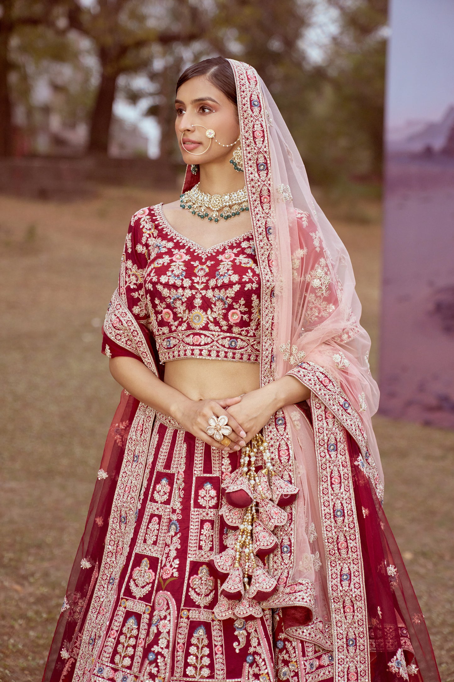 Maroon Pure silk Moti, Sequins embroidery Bridal Lehenga