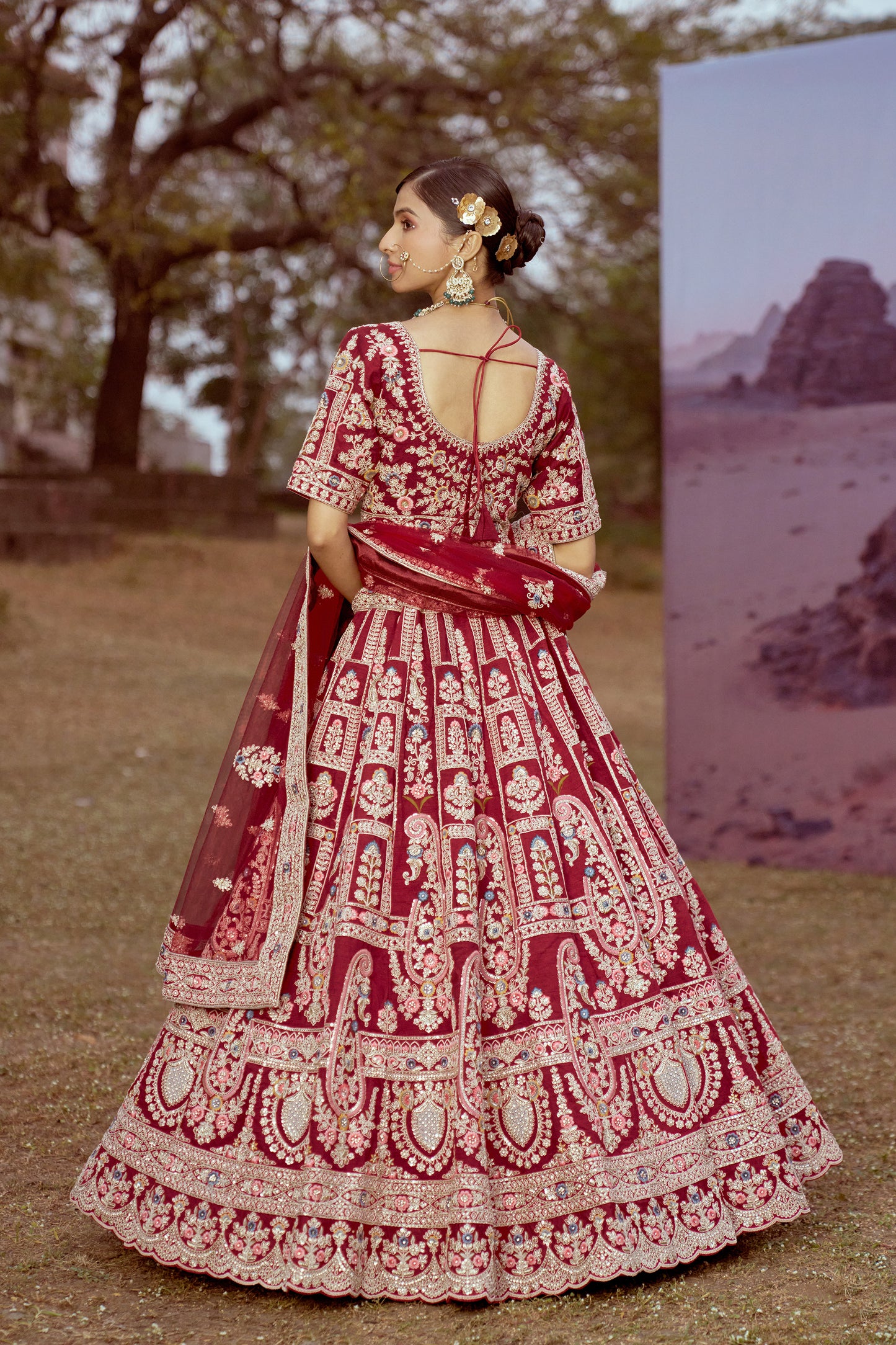 Maroon Pure silk Moti, Sequins embroidery Bridal Lehenga