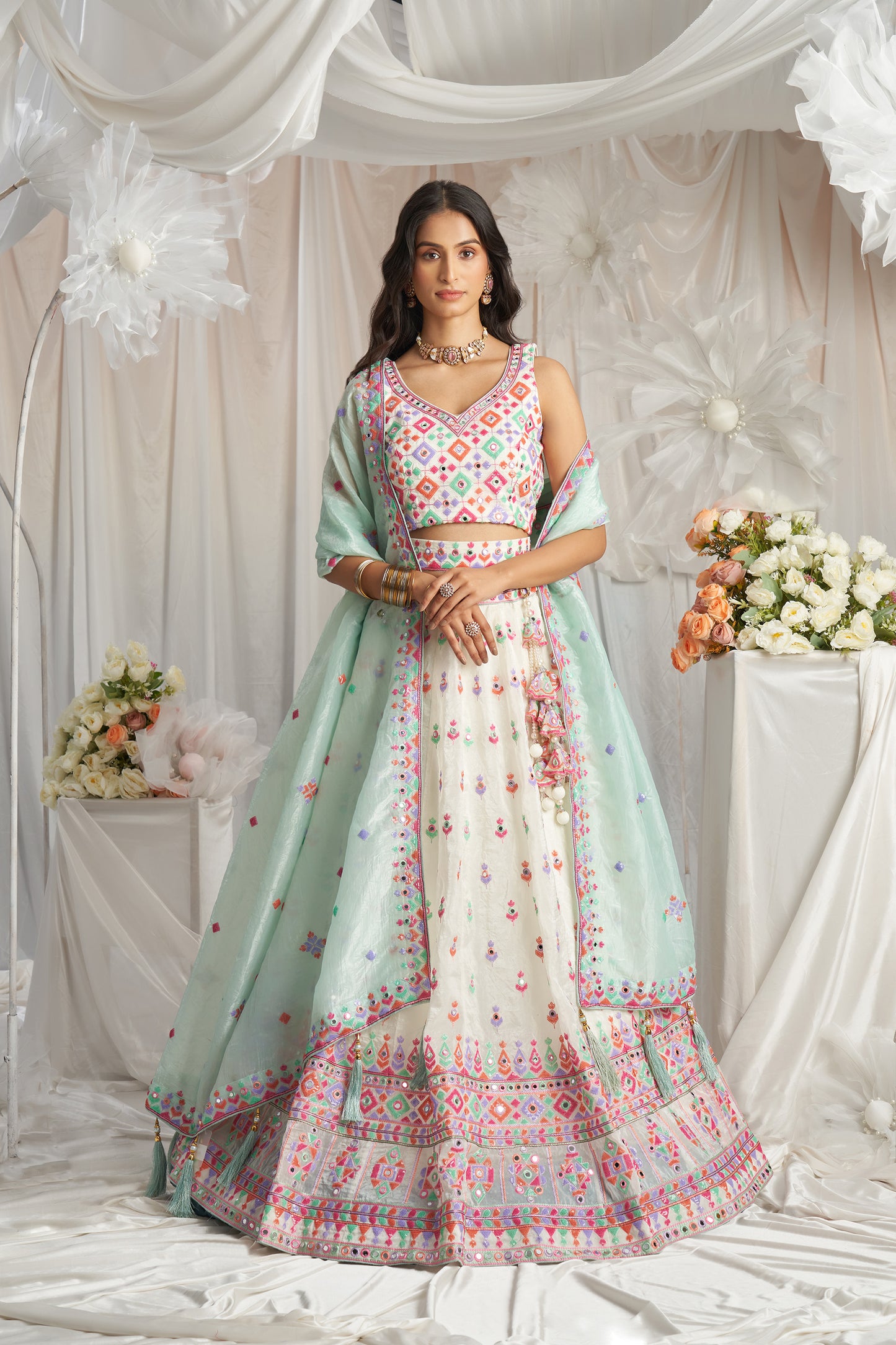 Cream Organza Sequins and Mirror embroidery Designer Lehenga choli & Dupatta