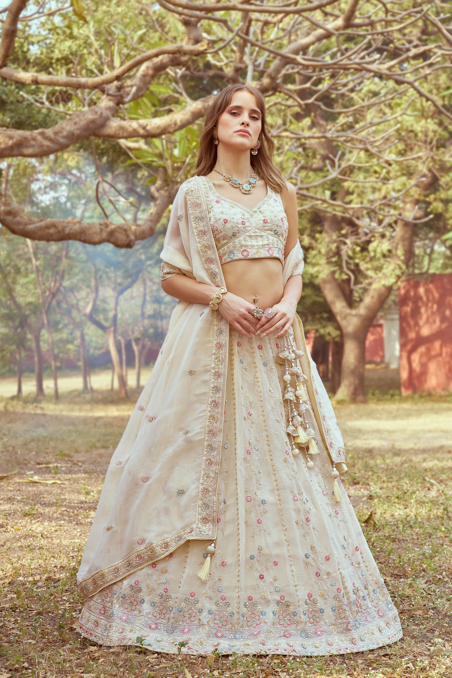 Cream Gold crushed Tissue Fabric Moti Hand work Bridal Lehenga