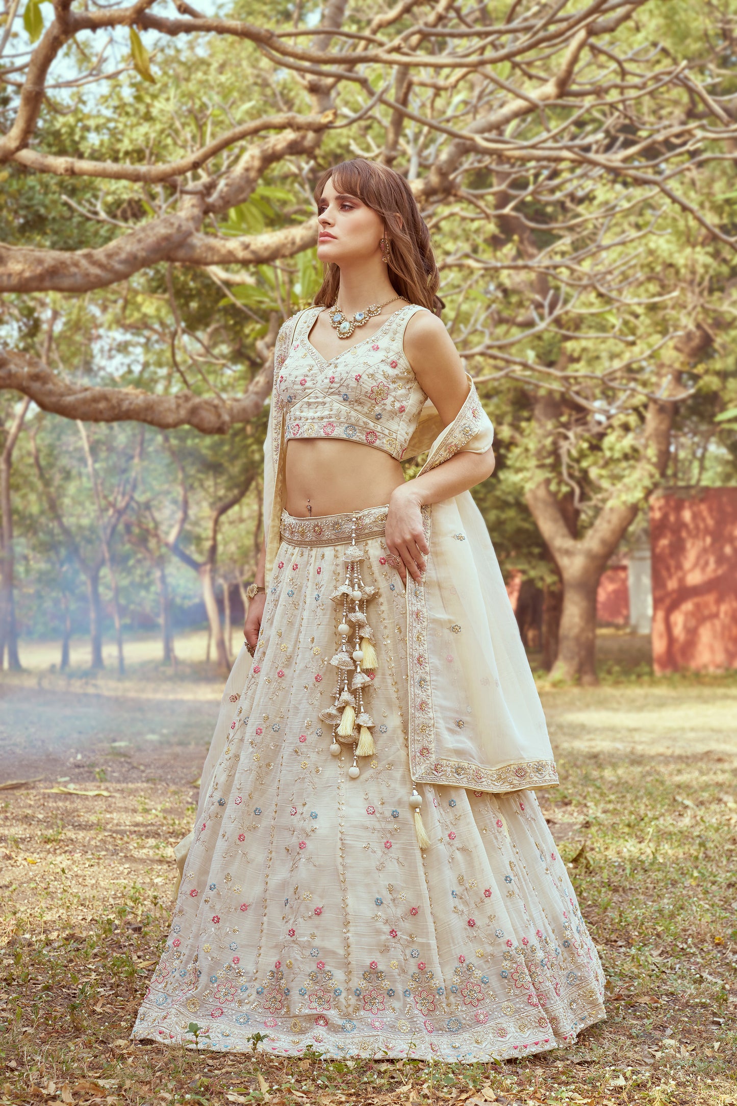 Cream Gold crushed Tissue Fabric Moti Hand work Bridal Lehenga