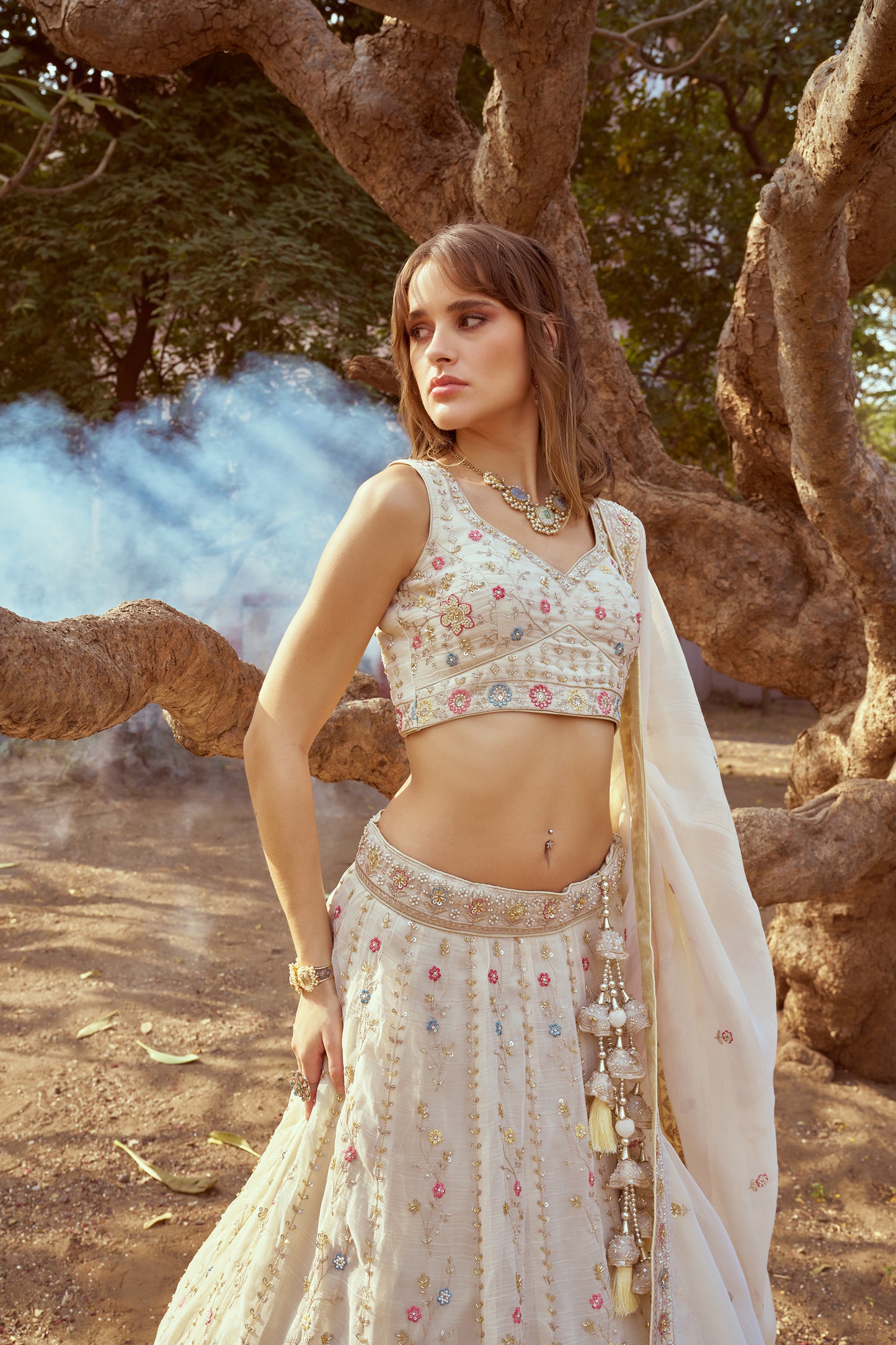 Cream Gold crushed Tissue Fabric Moti Hand work Bridal Lehenga