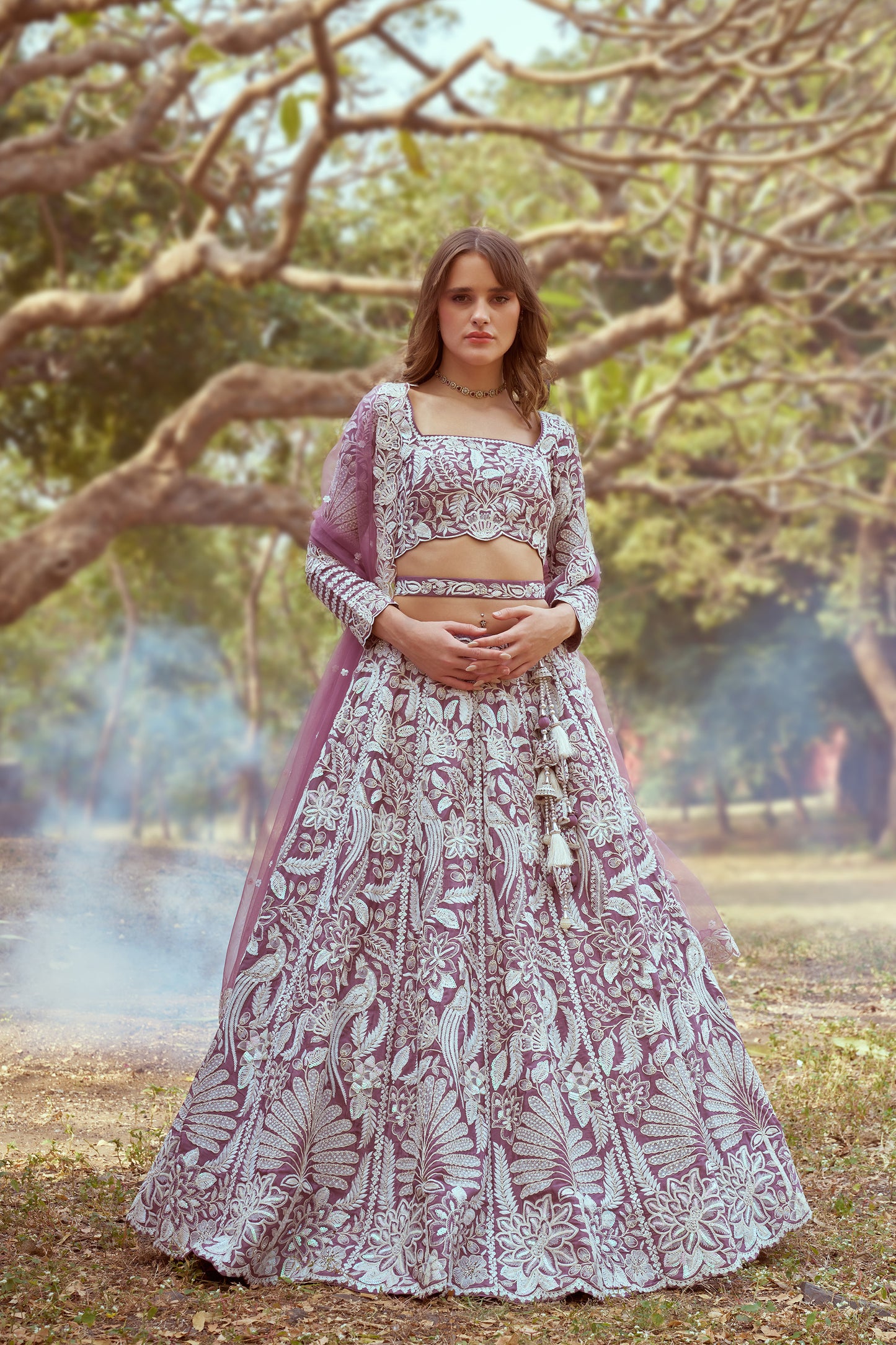 Lavender Pure Satin Sequins embroidery Bridal Lehenga