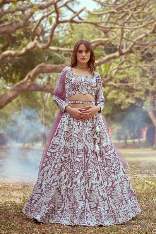 Lavender Pure Satin Sequins embroidery Bridal Lehenga